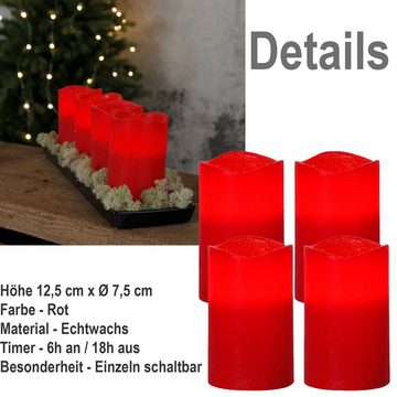 STAR TRADING LED-Kerze 4er Set LED-Wachskerzen "May", rot flackernd, HxB 12,5 x 7,5 cm (4-tlg), Echtwachs