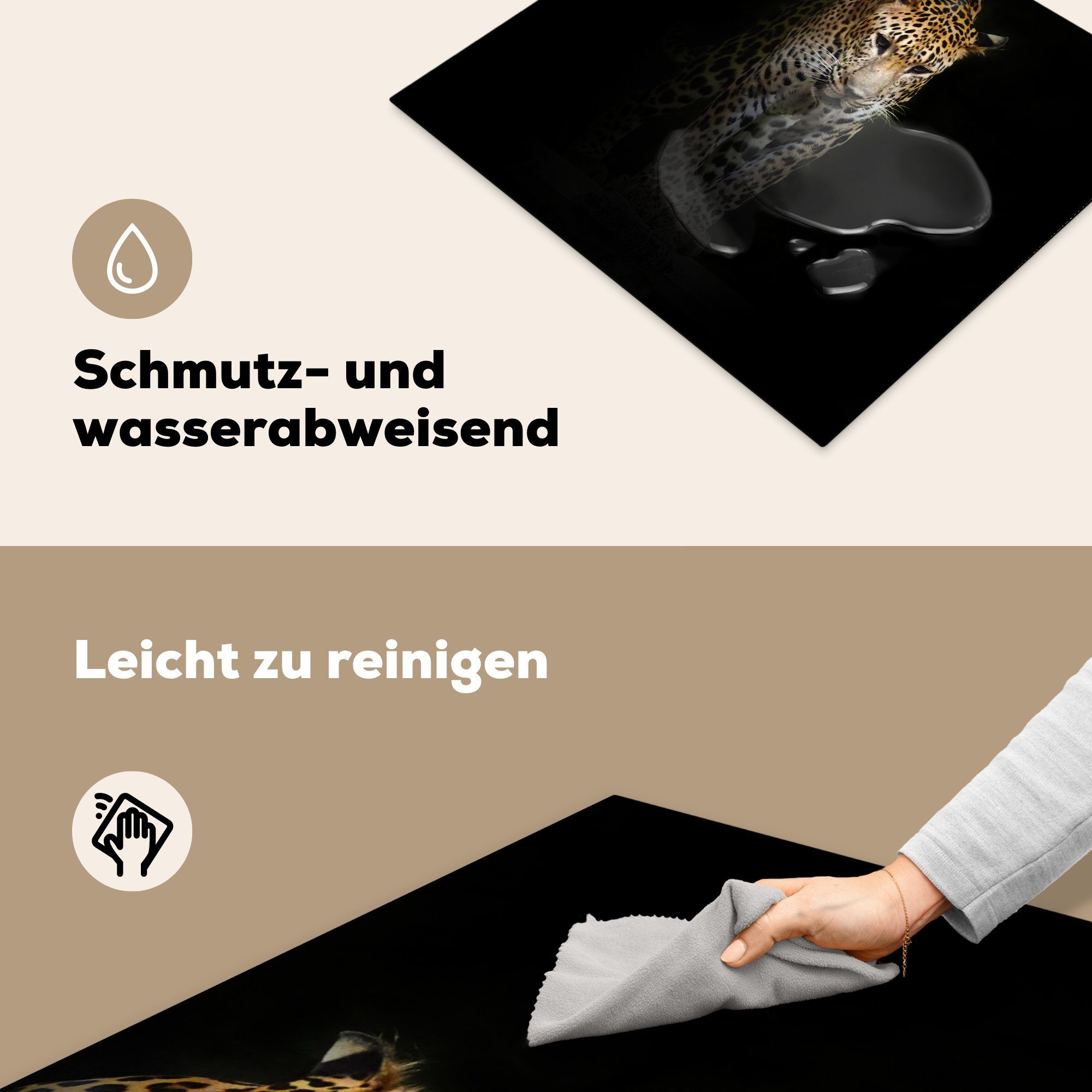Leopard (1 cm, tlg), Herdblende-/Abdeckplatte für - Reflexion küche, - Induktionsmatte Ceranfeldabdeckung Vinyl, 59x52 MuchoWow Schwarz, die
