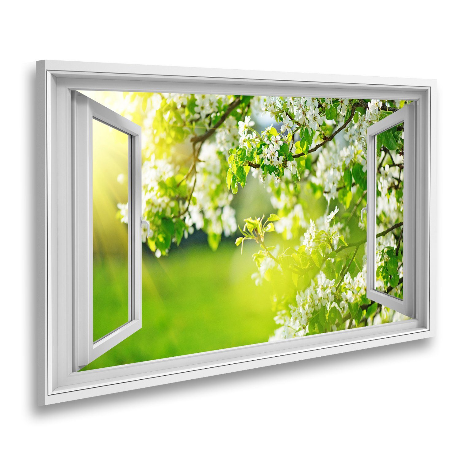 islandburner Leinwandbild Fensterblick Frühlingsblütenhintergrund Naturszene mit blühendem Baum