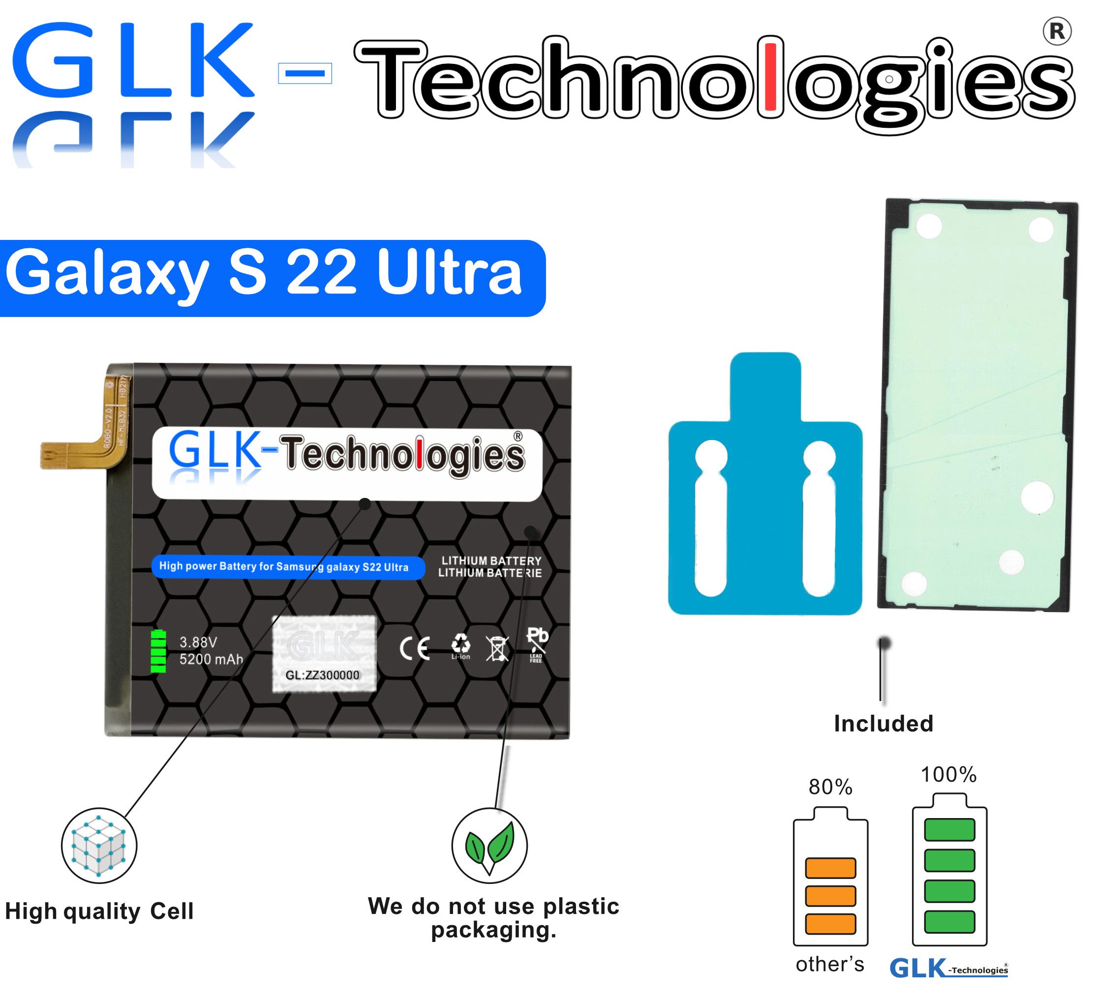 GLK-Technologies Samsung Galaxy S22 Ultra (S908B) Handy-Akku 5200 mAh, Inklusive 2x Klebebandsätze