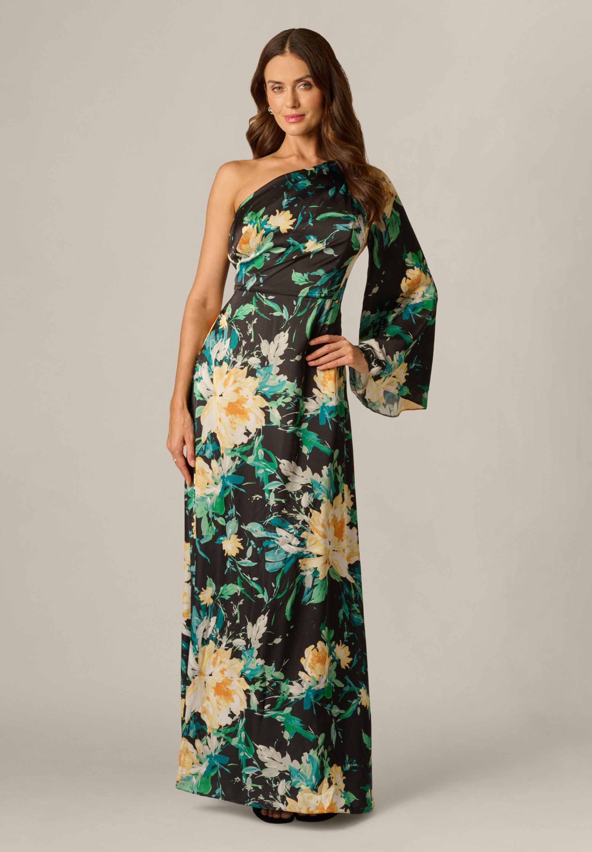 Adrianna Papell Abendkleid One Shoulder Printed Satin Gown Glänzendes, bodenlanges Blumenkleid aus Satin