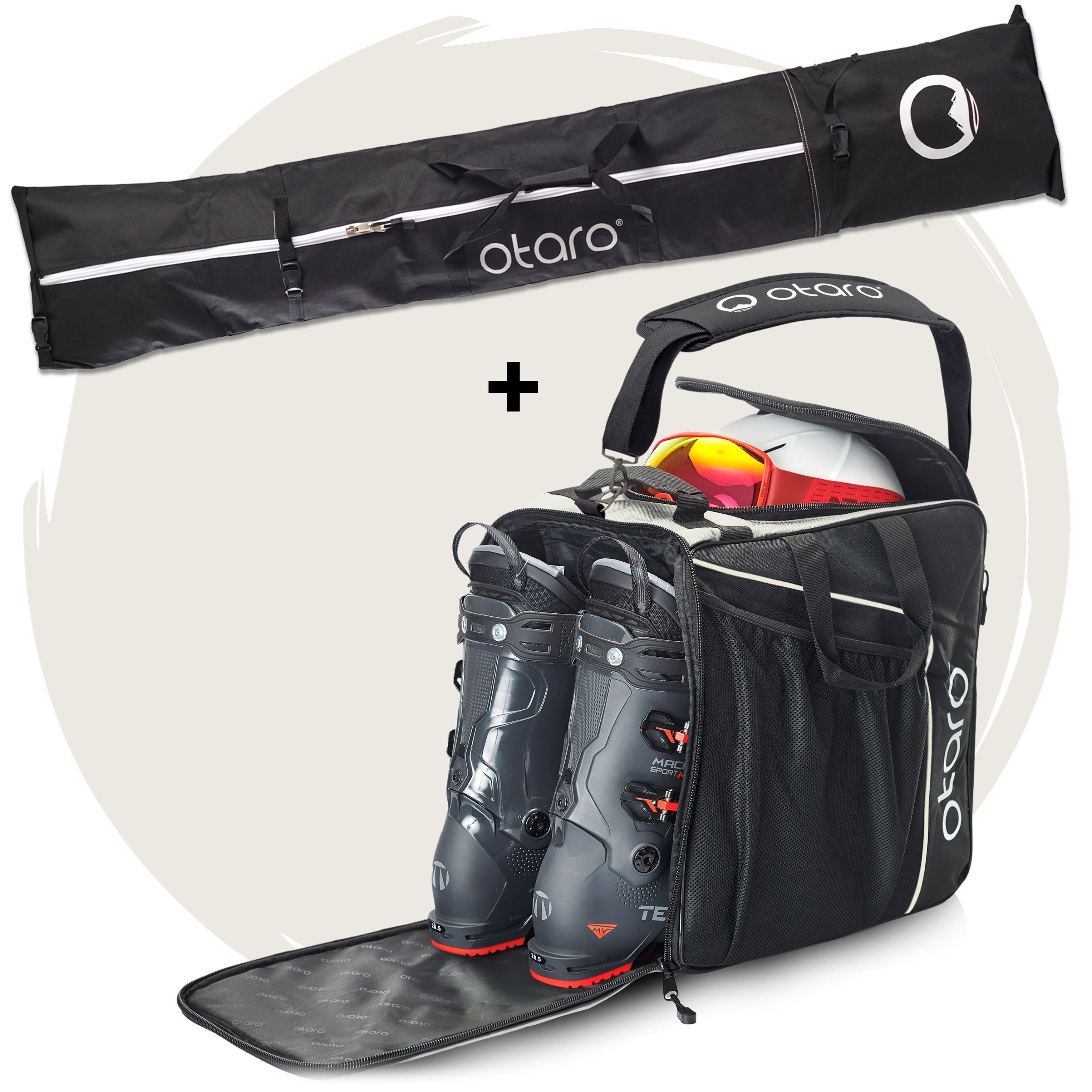 Otaro Sporttasche Set: Skischuhtasche & Skitasche, Classic-Set für 2 Paar Ski (Schutz für deine Ausrüstung, Perfekt durchdacht, ausklappbare Standfläche, für 2 Paar Ski + Stöcke) Schwarz Frostweiß