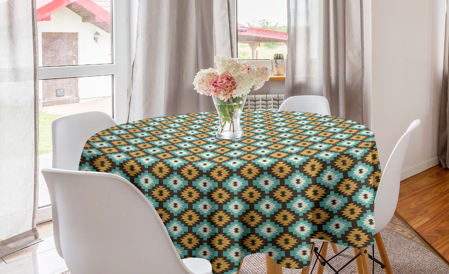 Abakuhaus Tischdecke Kreis Tischdecke Abdeckung für Esszimmer Küche Dekoration, Gelb und Braun Aztec Inspired