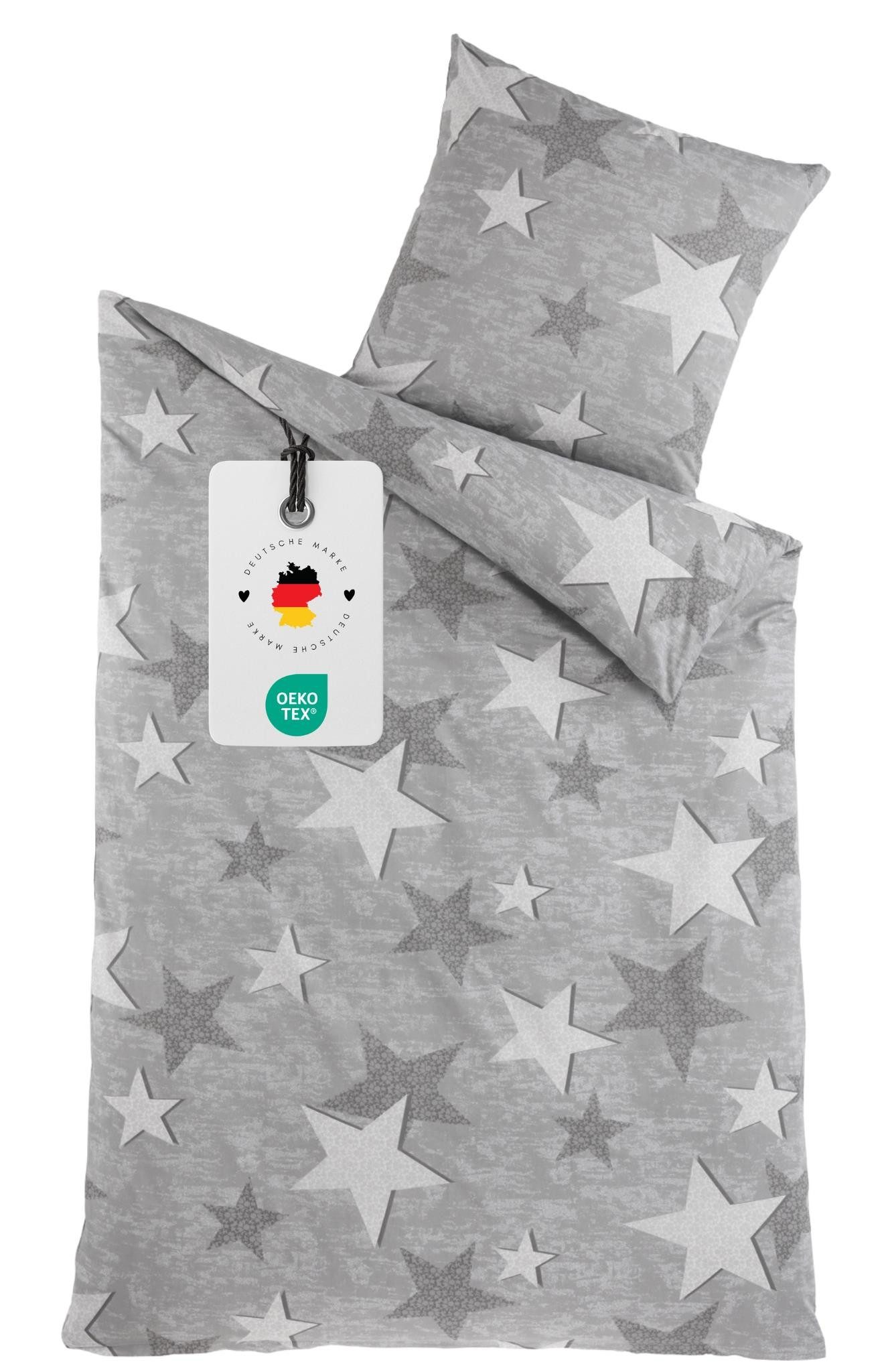 Carpe Sonno Bettwäsche 135x200 aus 100% Baumwolle - Sterne Muster Grau - Renforce - OEKO TEX, Renforce, 2 teilig, Mit Reißverschluss - Geeignet von Sommer bis Winter