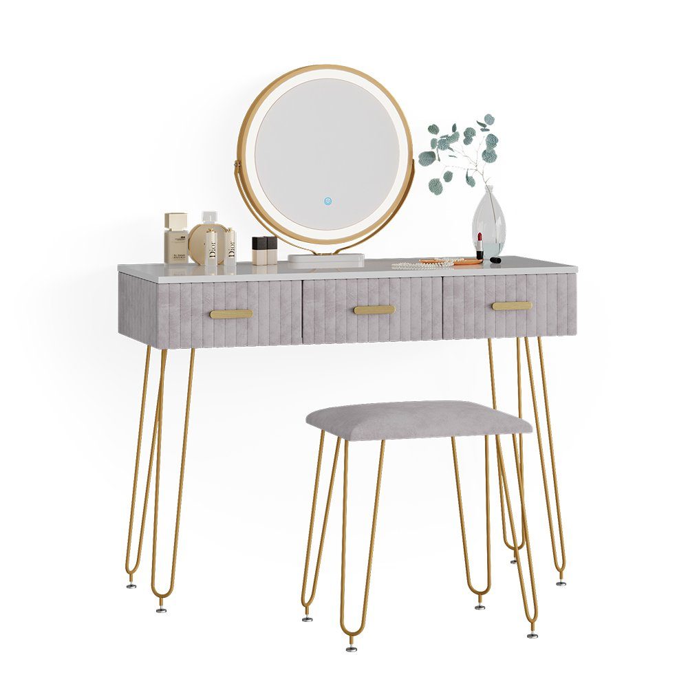 Vicco Schminktisch Layla, Weiß/Grau, 100 cm mit LED Beleuchtung und Hocker