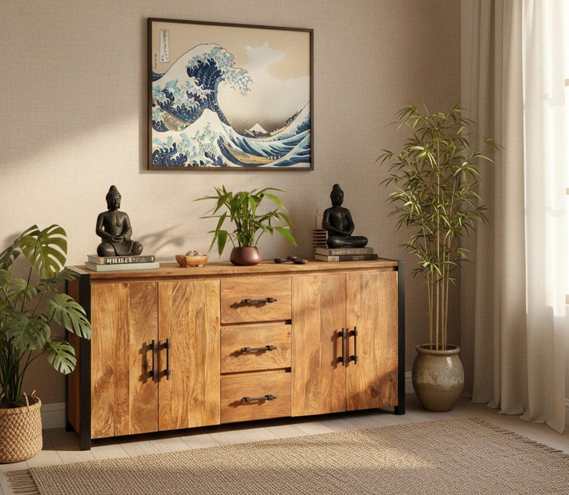 OPIUM OUTLET Kommode Sideboard Schrank Konsole Metallrahmen Massivholz komplett montiert (Möbel aus Massivholz, Asia Möbel, Anrichte), Echtholz, Massivholz mit sichtbarer Maserung, sehr schweres Möbelstück