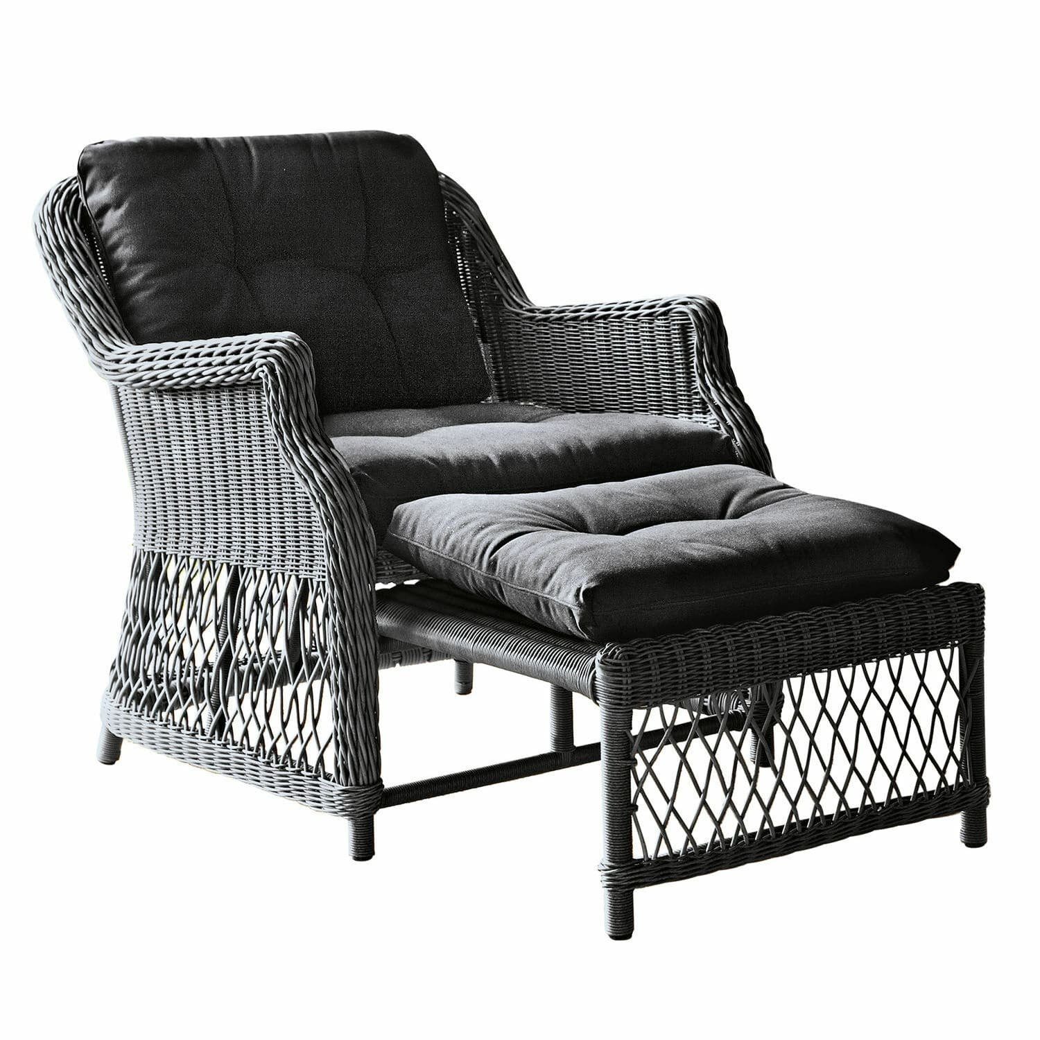 Mirabeau Gartensessel komfortabler Relaxsessel Howe mit ausziehbarem Fußteil, grau/schwarz (gemütlich, inkl. Polsterauflagen & Hocker), Gartenliege, Polyrattan, Alugestell, B 85 cm, H 85 cm, T 70 cm