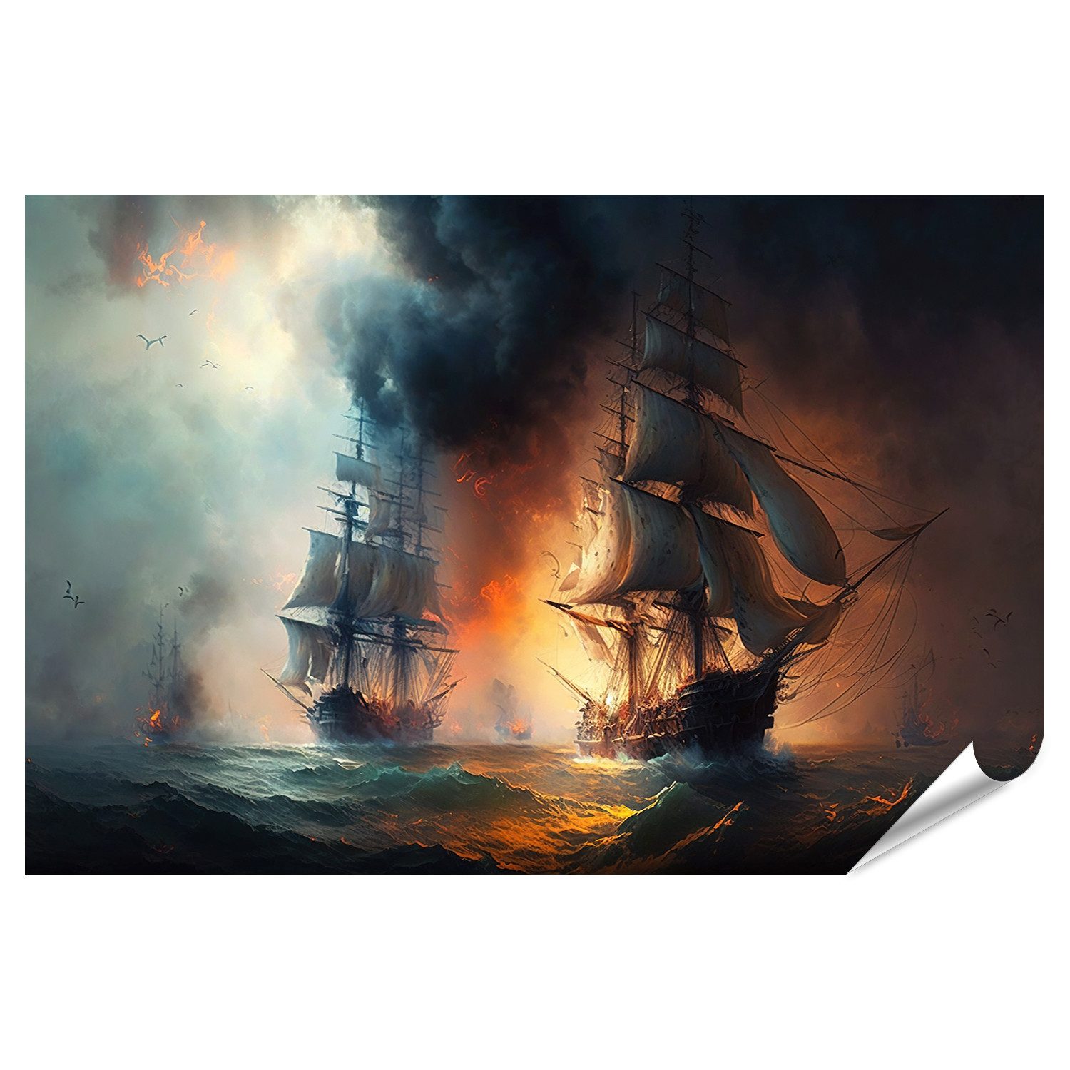 Poster SeeSchlacht Meer alte Segelschiffe Feuer Rauch militärische Bilder
