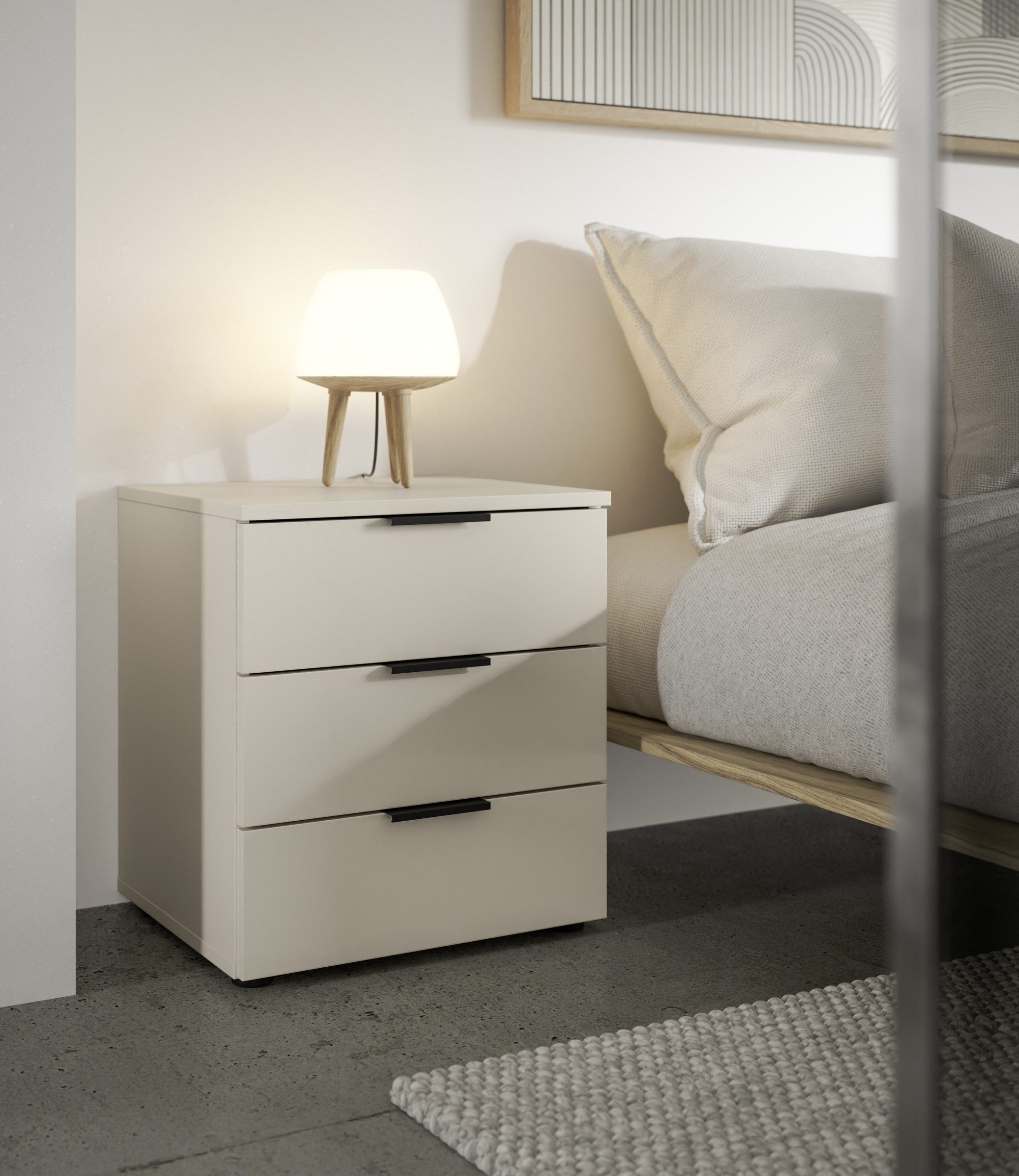 PREISBRECHER Nachtkommode Linz, 3 Schübe, auch für Boxspringbetten, in Kaschmir - 45x50x40cm (BxHxT)