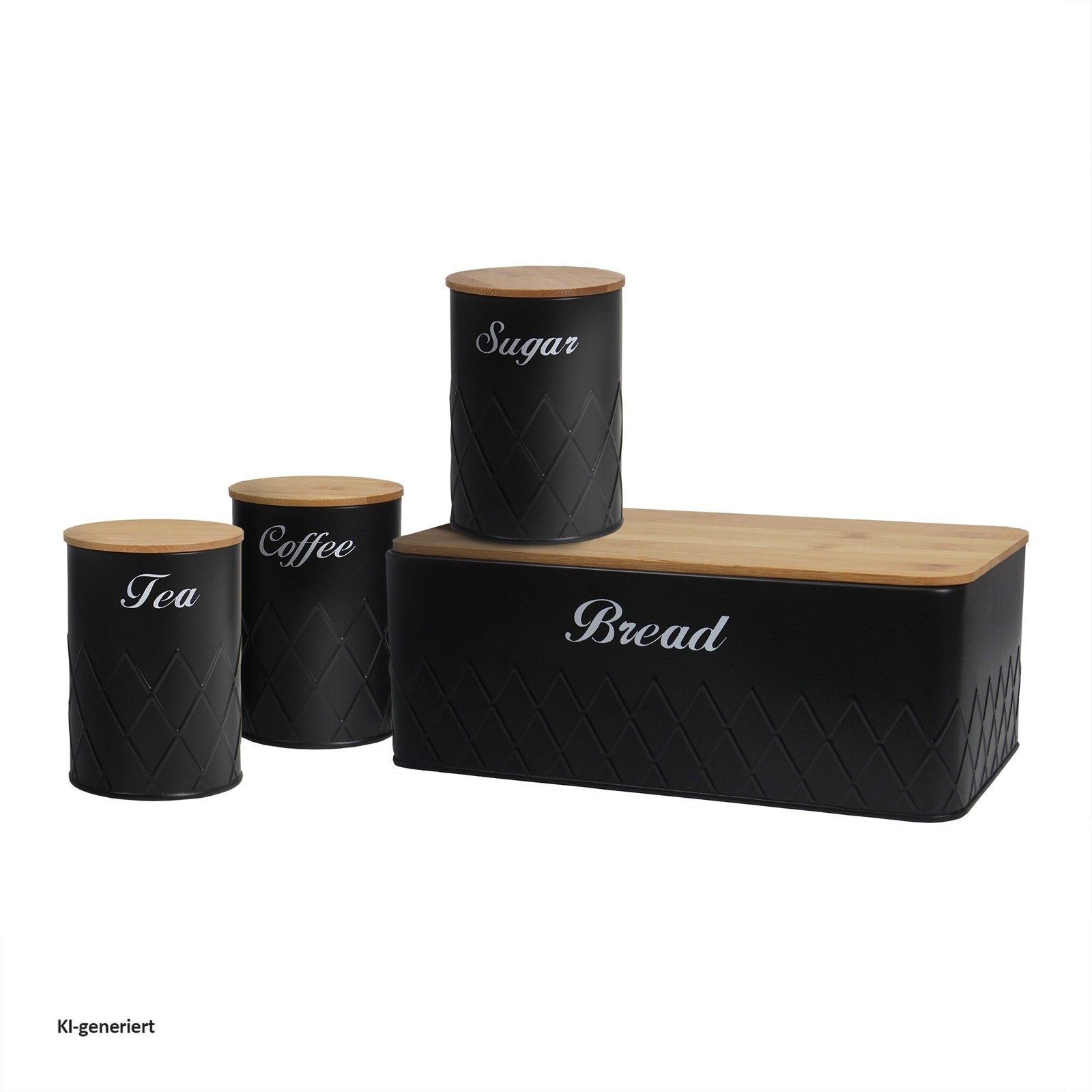 Neuetischkultur Brotkasten Brotkasten Vorratsdosen 4er-Set Schwarz, Eisen, (Set, 4-tlg., 1 Brotkasten, 3 Vorratsdosen), Metall Kaffeedose Teedose Zuckerdose