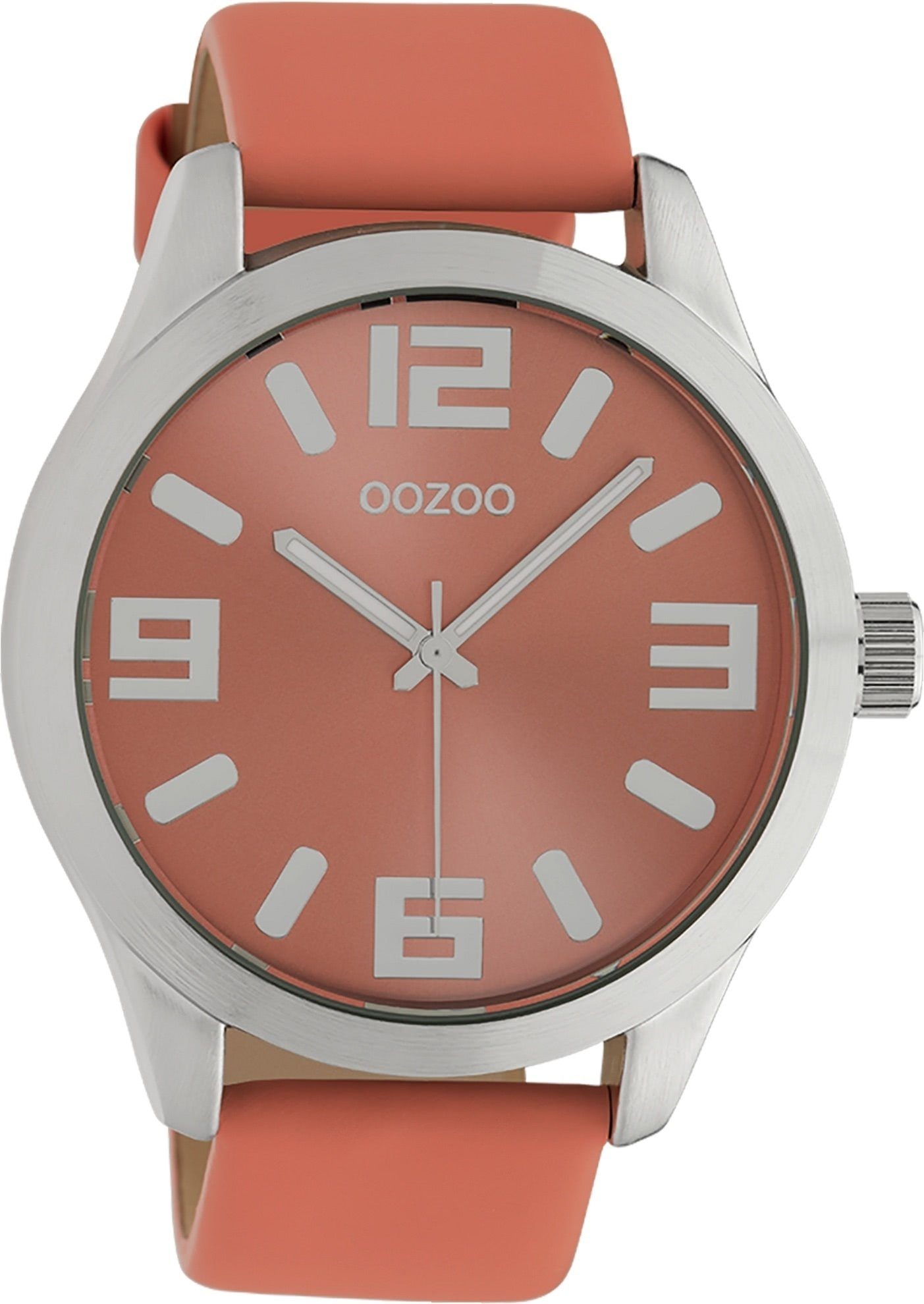 Damen extra (ca. Analog, Fashion-Style Oozoo Orange OOZOO Armbanduhr Damenuhr Quarzuhr rund, groß Lederarmband, 47mm)