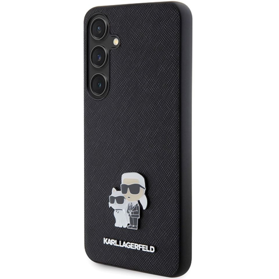 KARL LAGERFELD Handyhülle Case Galaxy S24 Kunstleder Figuren Metall schwarz 6,2 Zoll, Kantenschutz