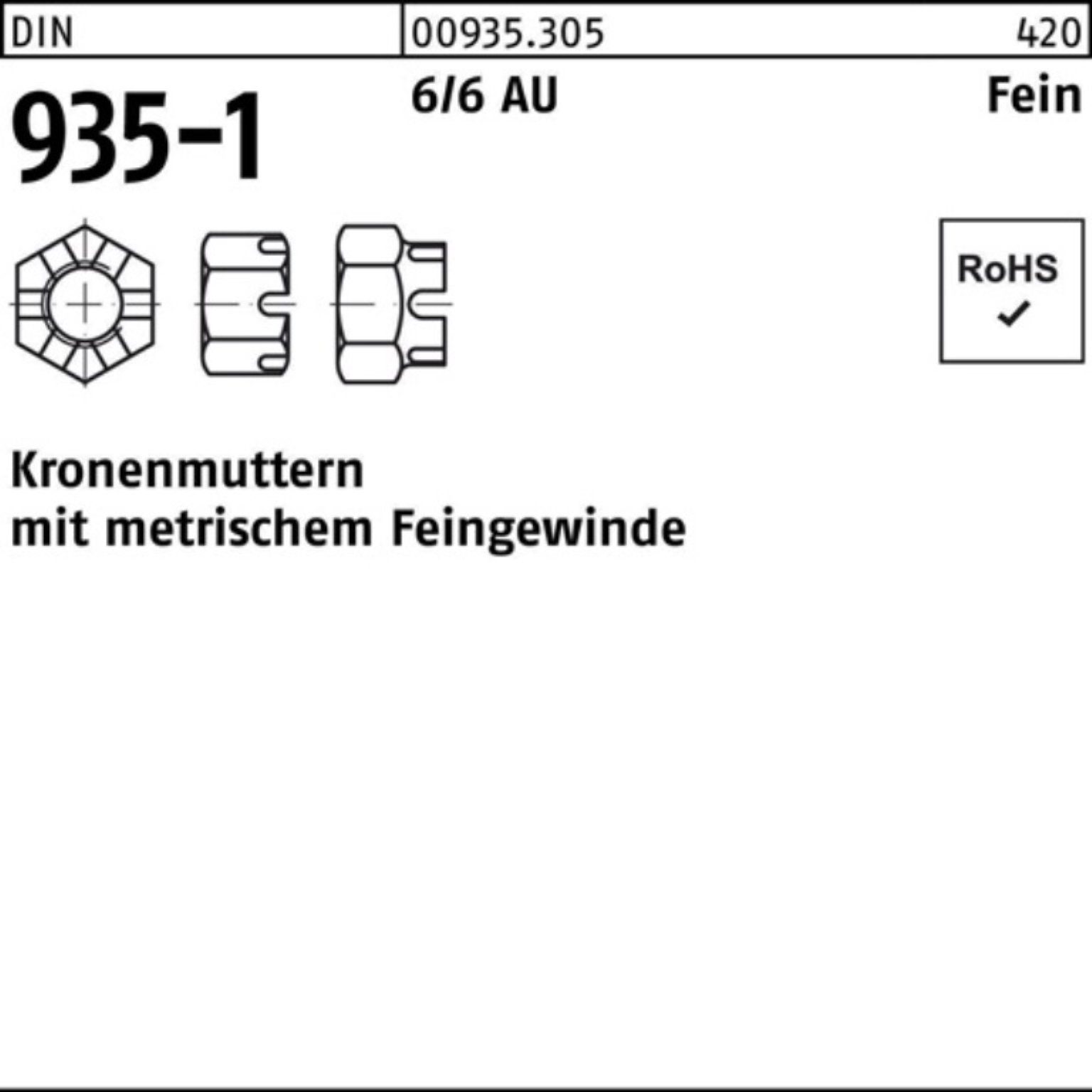 Reyher Kronenmutter 100er Pack Kronenmutter DIN 935-1 M24x 1,5 6 25 Stück DIN 935-1 6 Fei