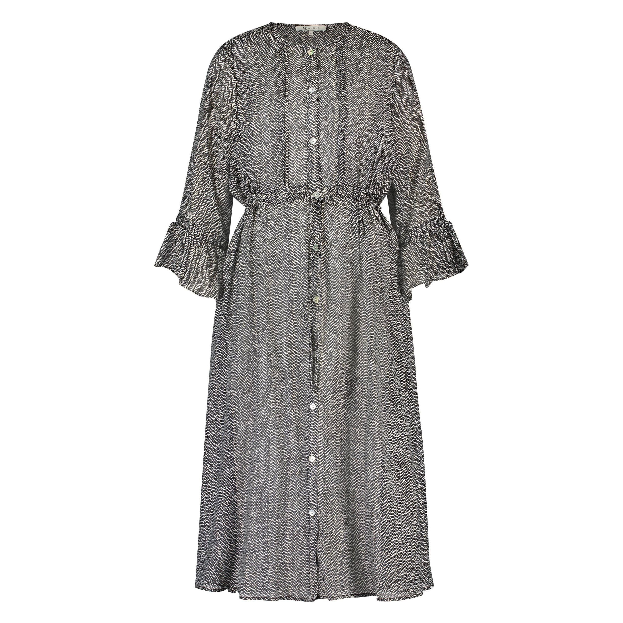 Volantkleid Wendy Dress gemustertes Blusenkleid mit Volantärmeln und Bindeband in Dunkelblau