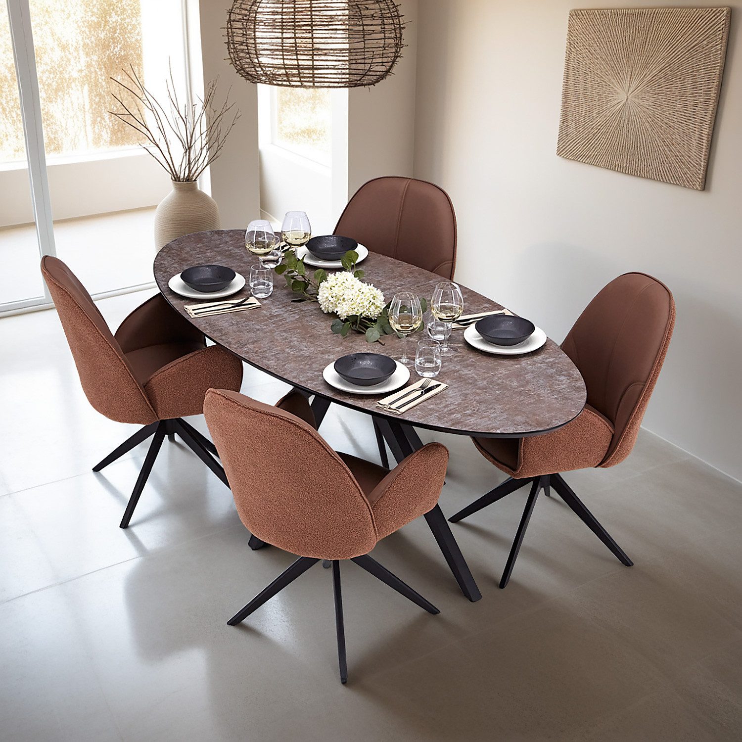 Essgruppe Esstisch oval mit 4 Stühle Braun Beige Küchentisch Sitzgruppe Sessel