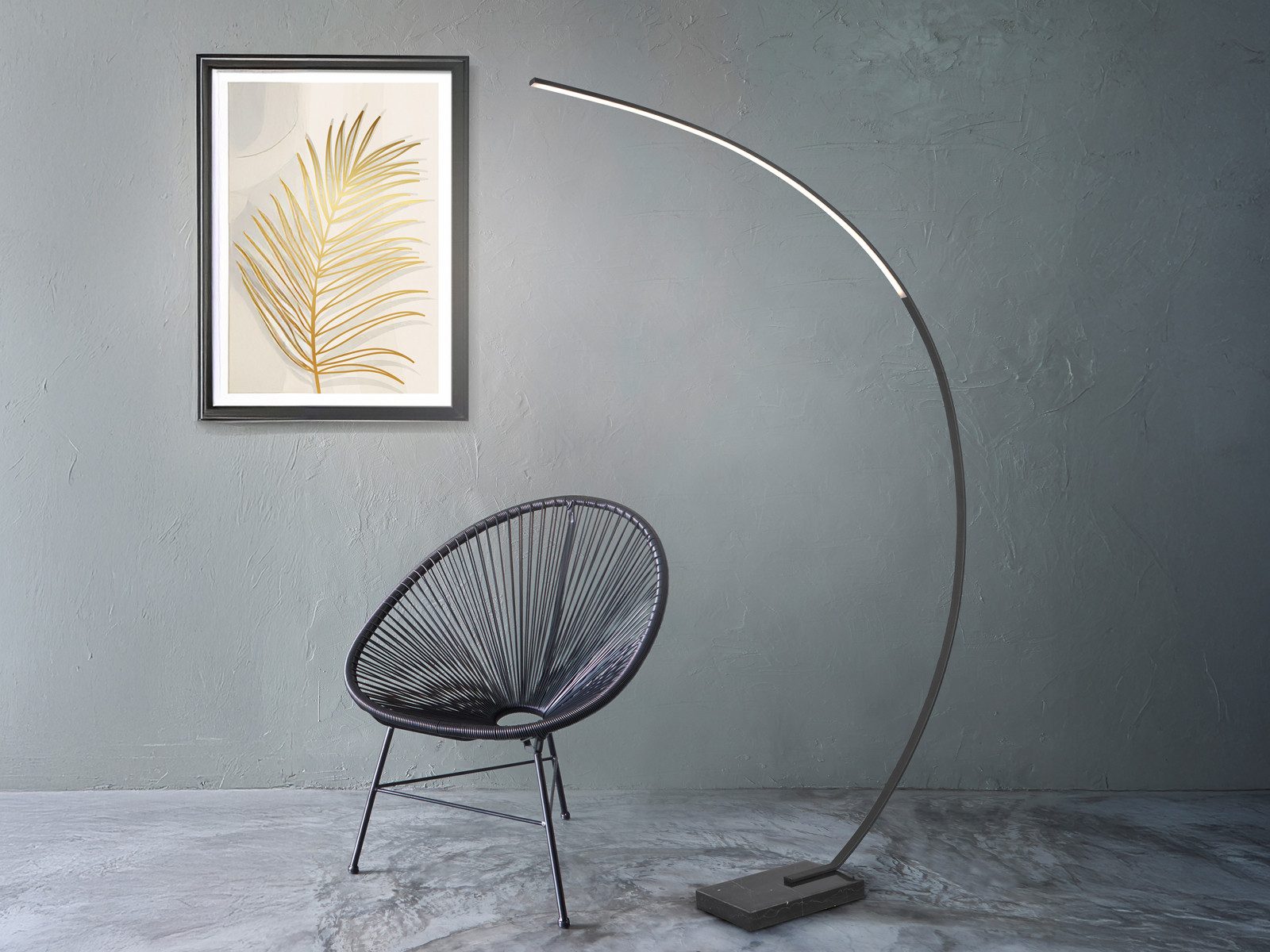 TRIO Leuchten LED Bogenlampe, Dimmfunktion, LED fest integriert, Stufenlos dimmbar über Fußschalter., Warmweiß, Schmale Steh-Lampe Bogen, minimalistisch schwarz, Marmorfuß 180cm groß