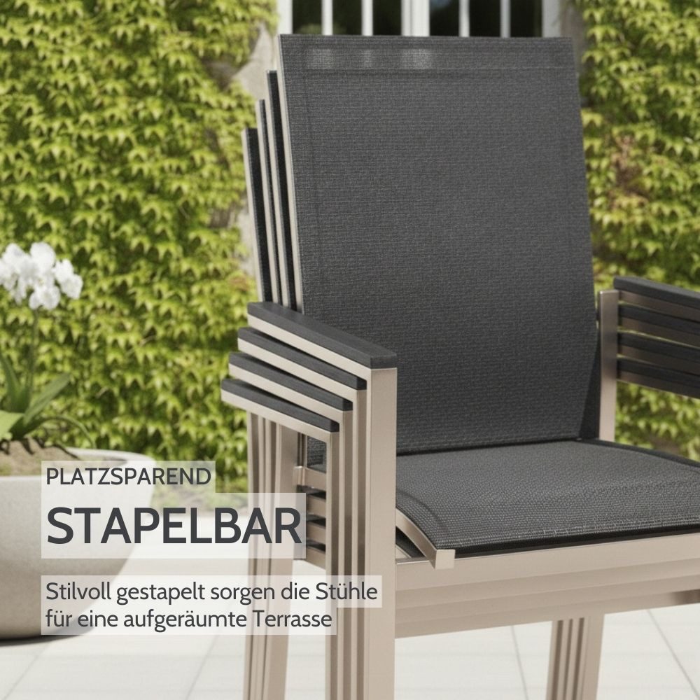 Liadomo Gartenstuhl Motta, Stapelstuhl, Gartensessel, stabiler Outdoor-Stuhl mit Armlehnen (2 St), stapelbar, Edelstahl, Textilgewebe anthrazit, Teak- oder Alu-Armlehnen