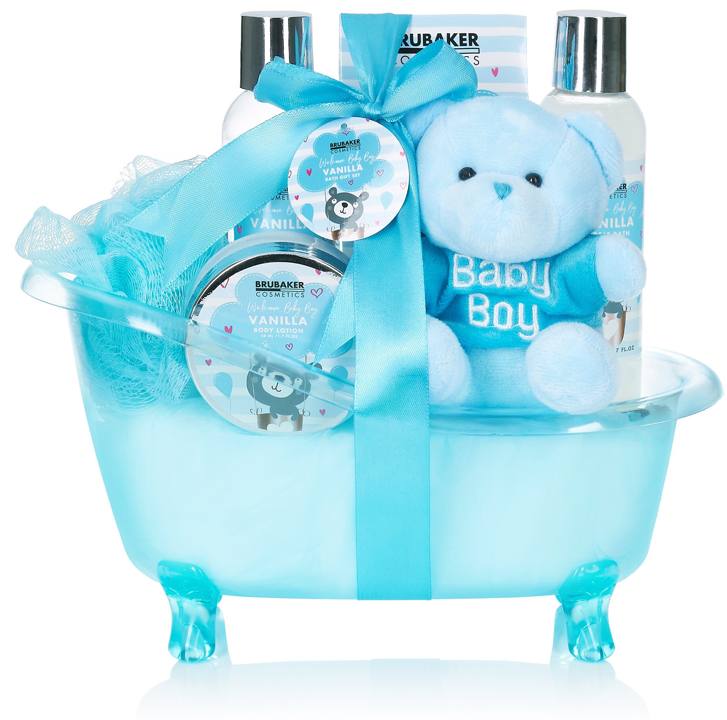 BRUBAKER zur Babyparty, Wanne Hellblau 7-tlg., Baby Babypflege Mädchen Taufe, Baby Set und Neugeborene Pflegeset Plüschbär, Geburt, Hautreinigungs-Set und Geschenkset Geschenk Babypflegeset, mit für Jungen