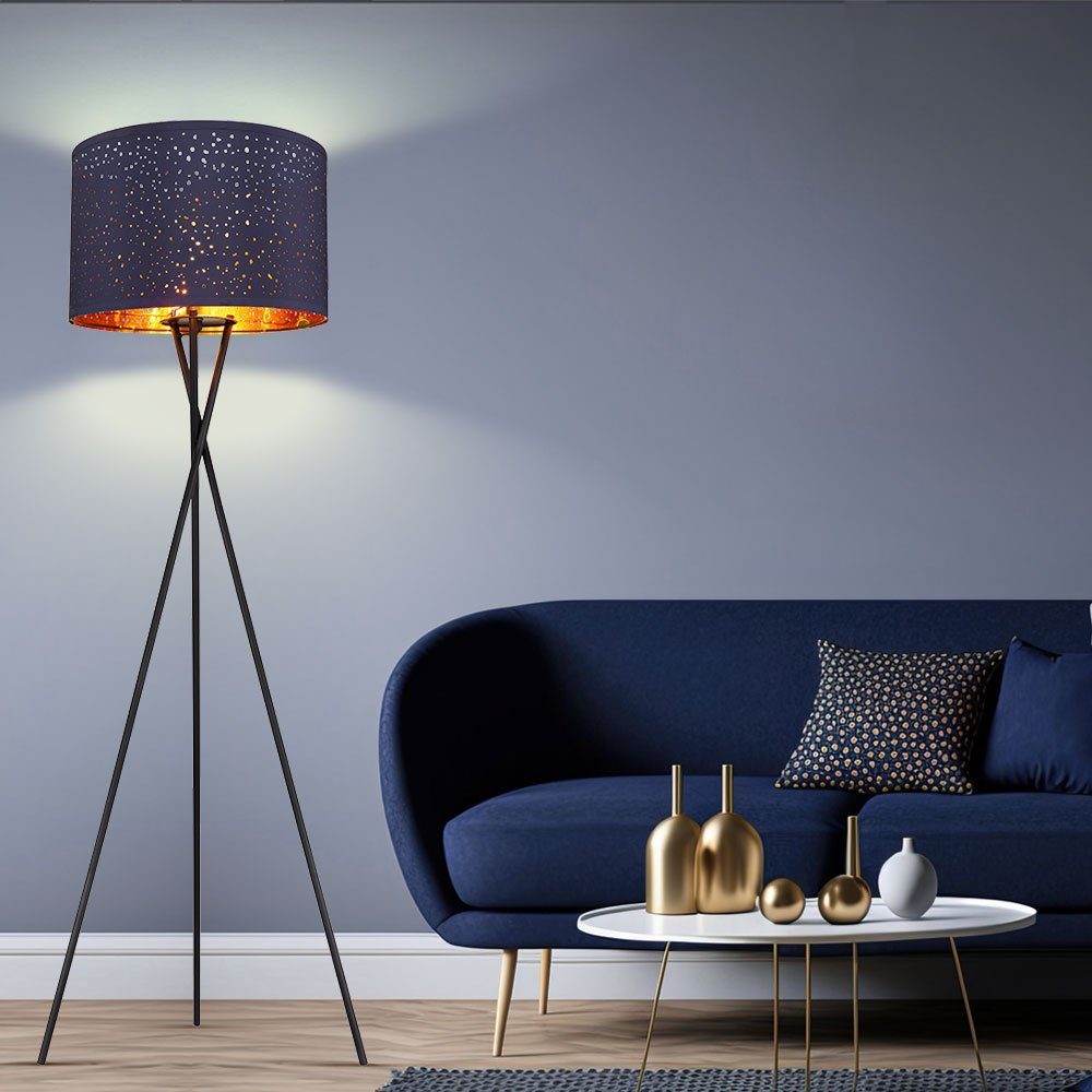 nicht inklusive, blau Wohnzimmerlampe Stehlampe, Textil Metall D 62cm Leuchtmittel Dreibein etc-shop Stehleuchte schwarz