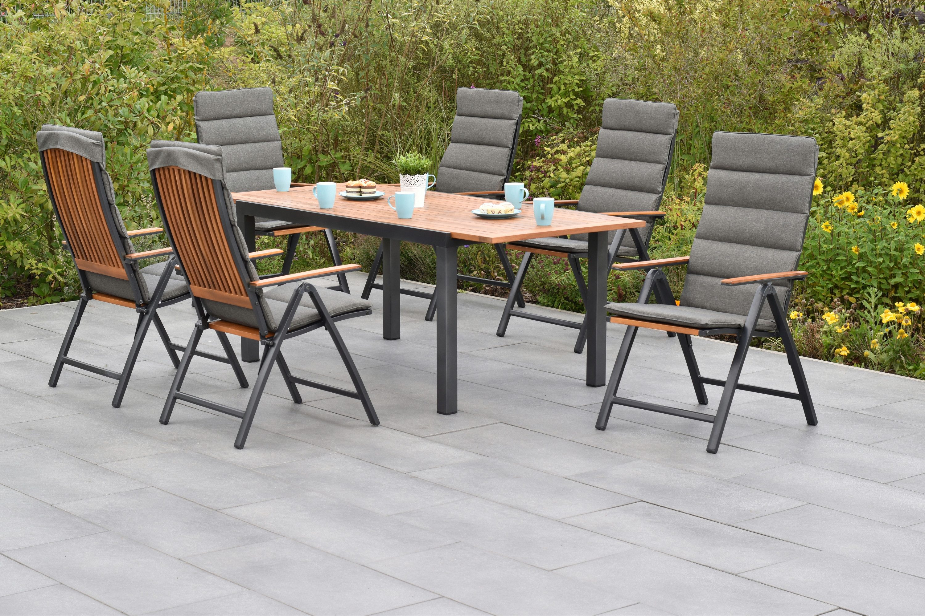 MERXX Garten-Essgruppe »Athos«, (Set, 7-tlg., Inkl. Auflagen, 5-fach verstellbare Rückenlehne), Ausziehtisch: LxB: 150-200 x 90 cm