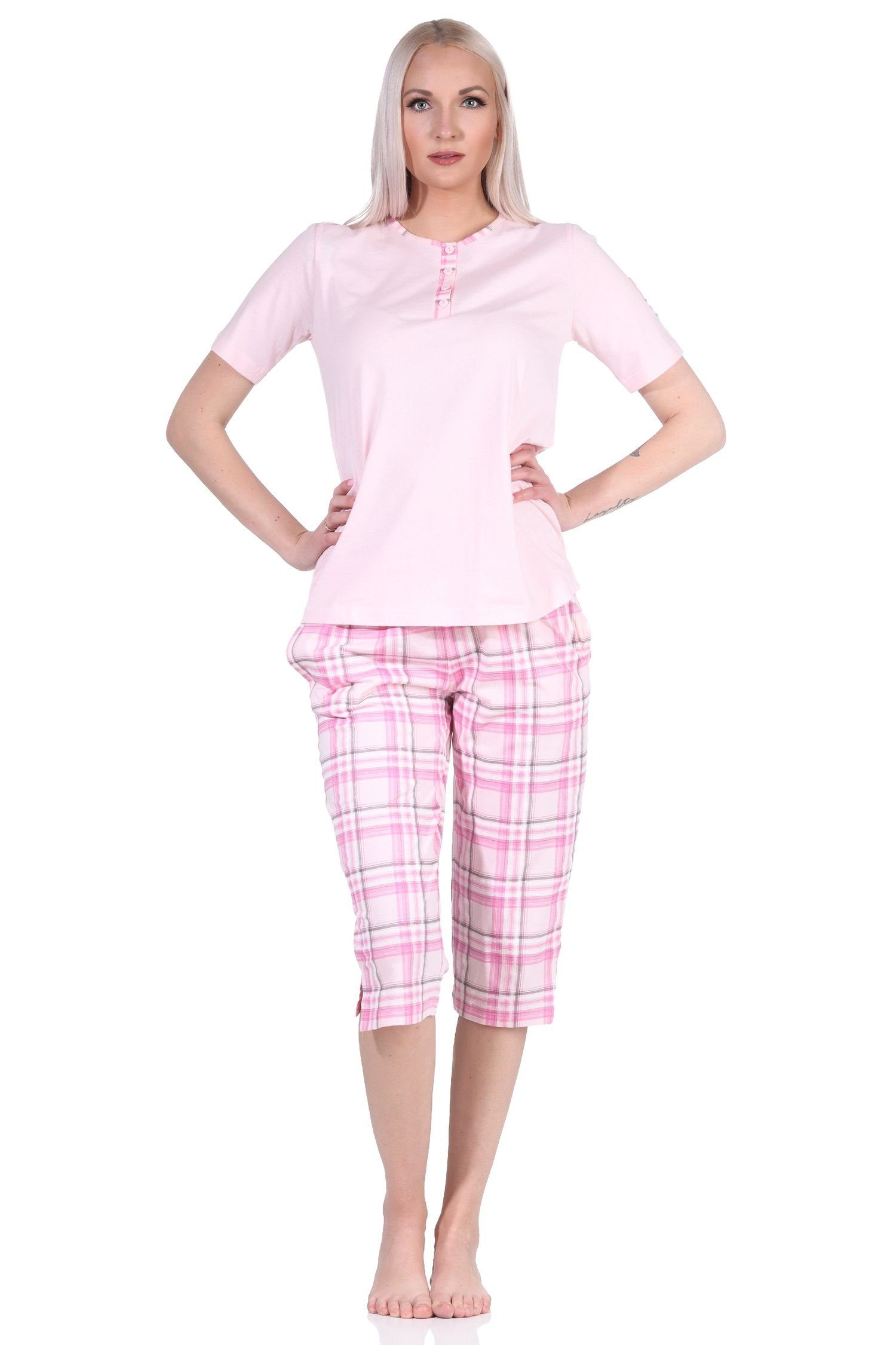 Normann Pyjama Damen kurzarm mit Schlafanzug rosa Capri-Hose aus Jersey karierter