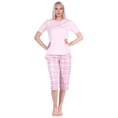 Normann Pyjama Damen kurzarm Schlafanzug mit karierter Capri-Hose aus Jersey