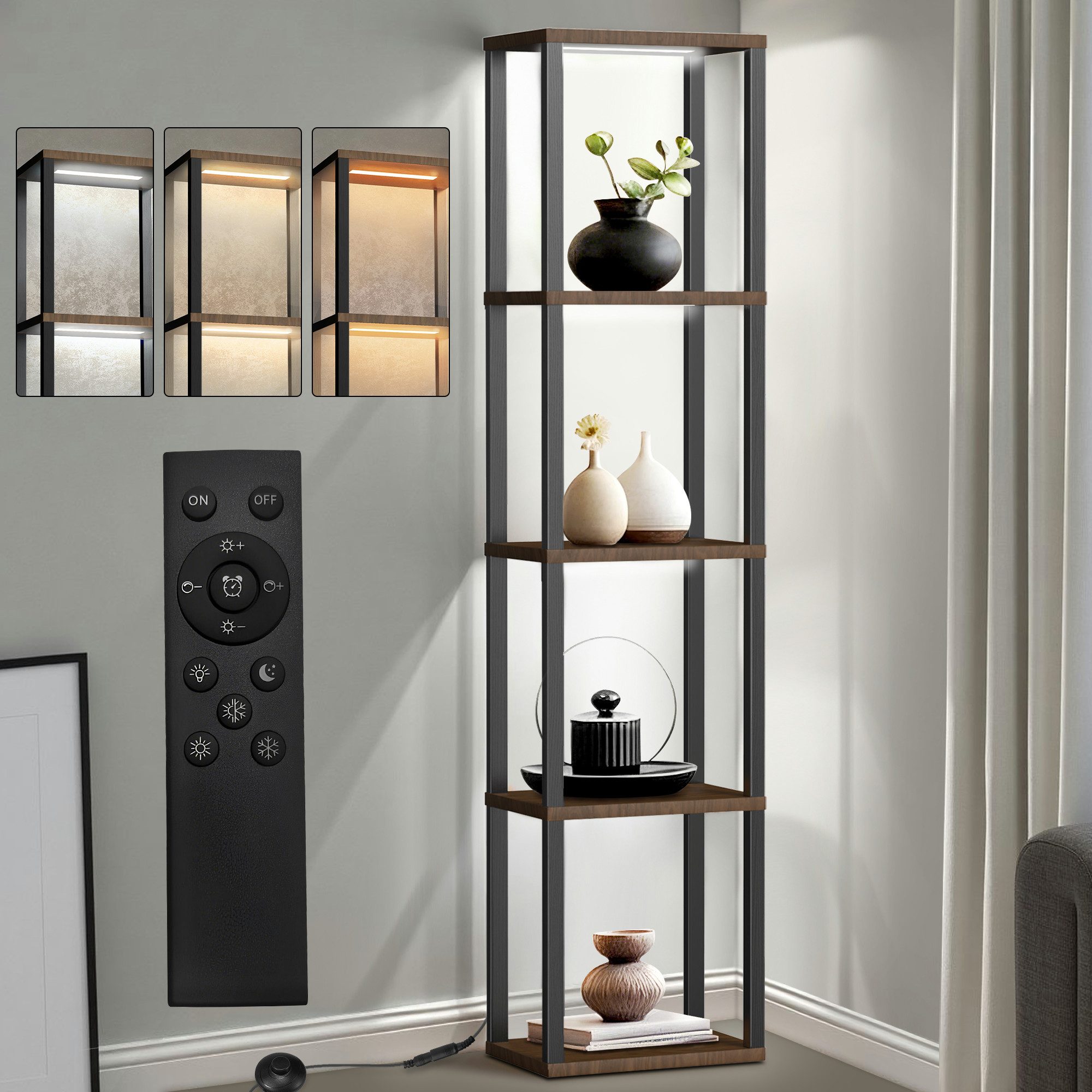 XIIW Stauraumvitrine 5 Etagen LED Standvitrine Standregal Bücherregal Vitrine 38×27×164 cm (Vitrinenschrank mit MDF-Regalen, Fußschalter und Fernbedienung) für Wohnzimmer Schlafzimmer Flur Büro