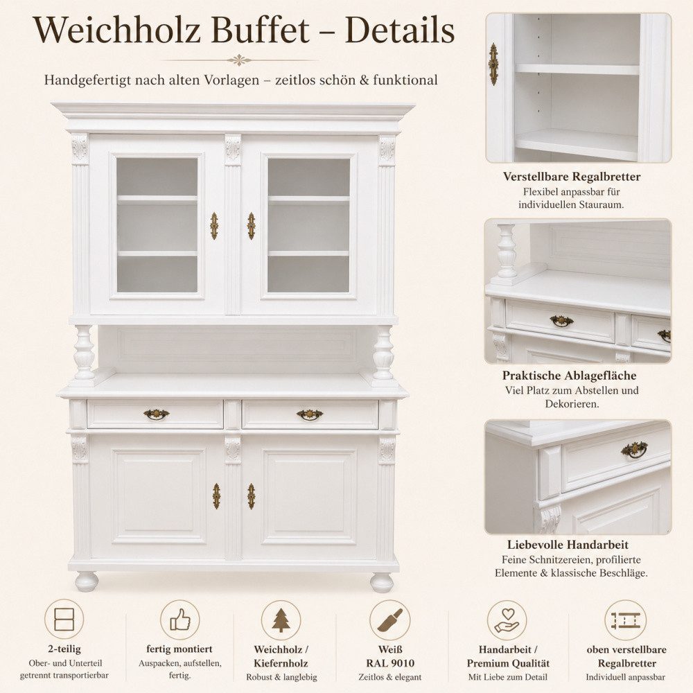 Wohnpalast Buffet Premium Buffetschrank Massivholz – Landhausstil, Weiß, 2-teilig, Handa