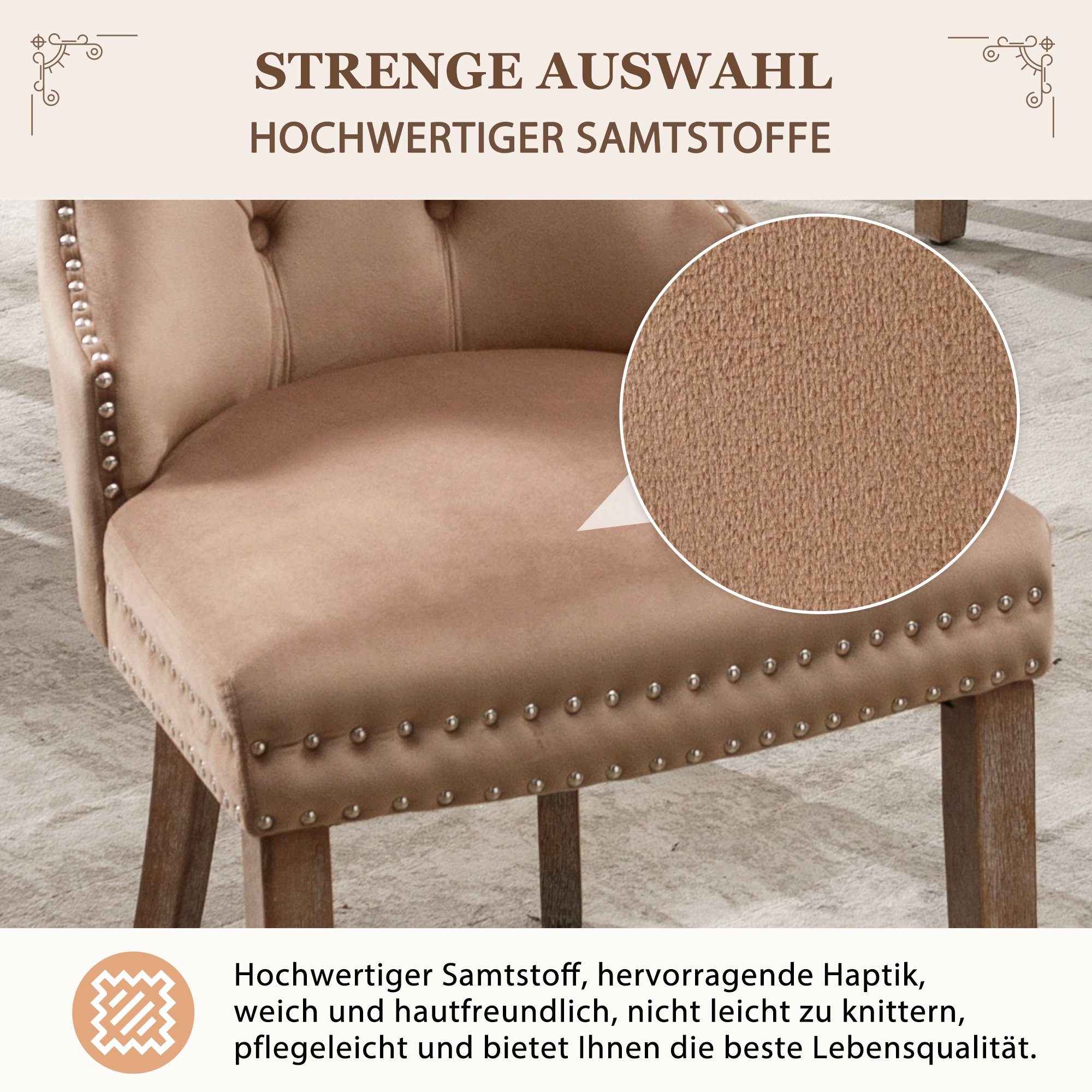 Esszimmerstuhl (Polsterstuhl, 6 St), Küchenstuhl Wohnzimmerstuhl Samt mit Knopfheftung, Massivholzbeine