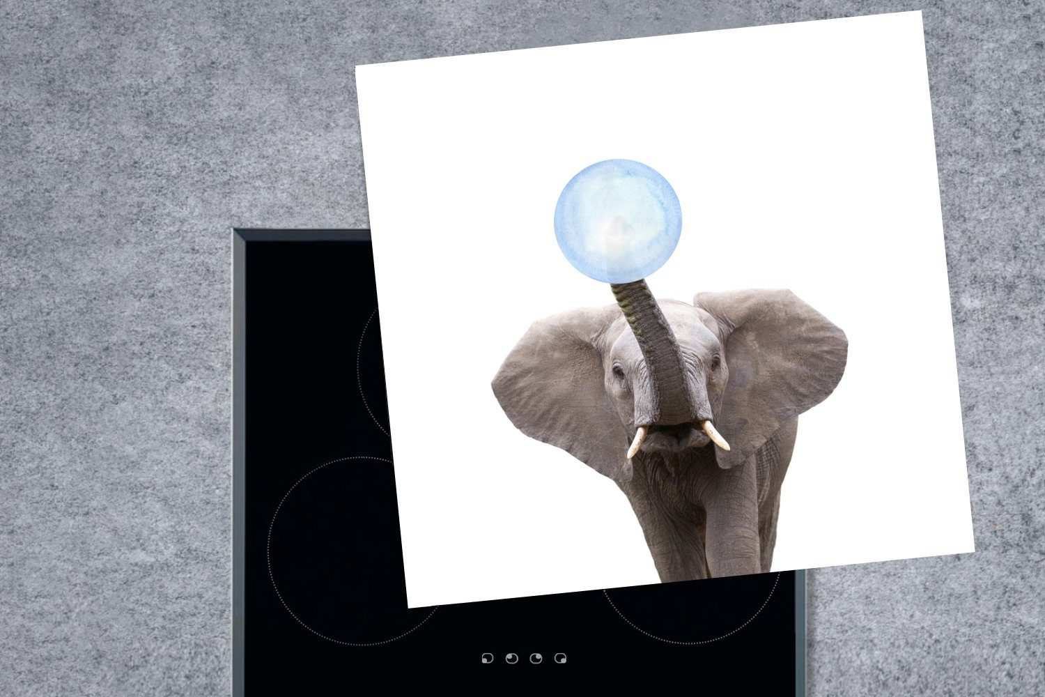 küche - Vinyl, - Elefant Kaugummi - Wildtiere 78x78 Junge MuchoWow Kinder, Herdblende-/Abdeckplatte für - - tlg), cm, Blau (1 Ceranfeldabdeckung, Arbeitsplatte