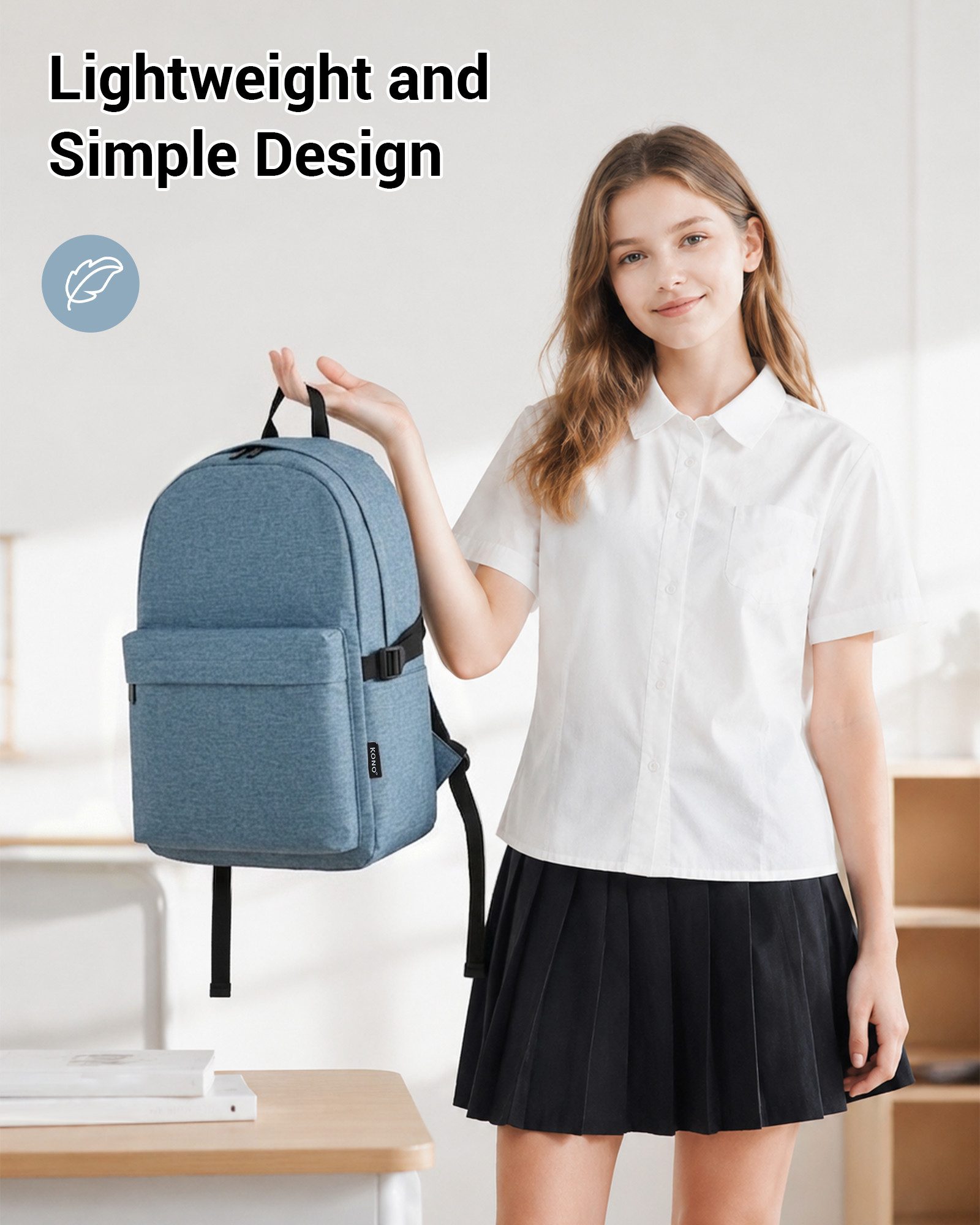 KONO Rucksack Schulrucksack, leichte Tasche für Jungen und Mädchen, 15,4 Zoll Laptop