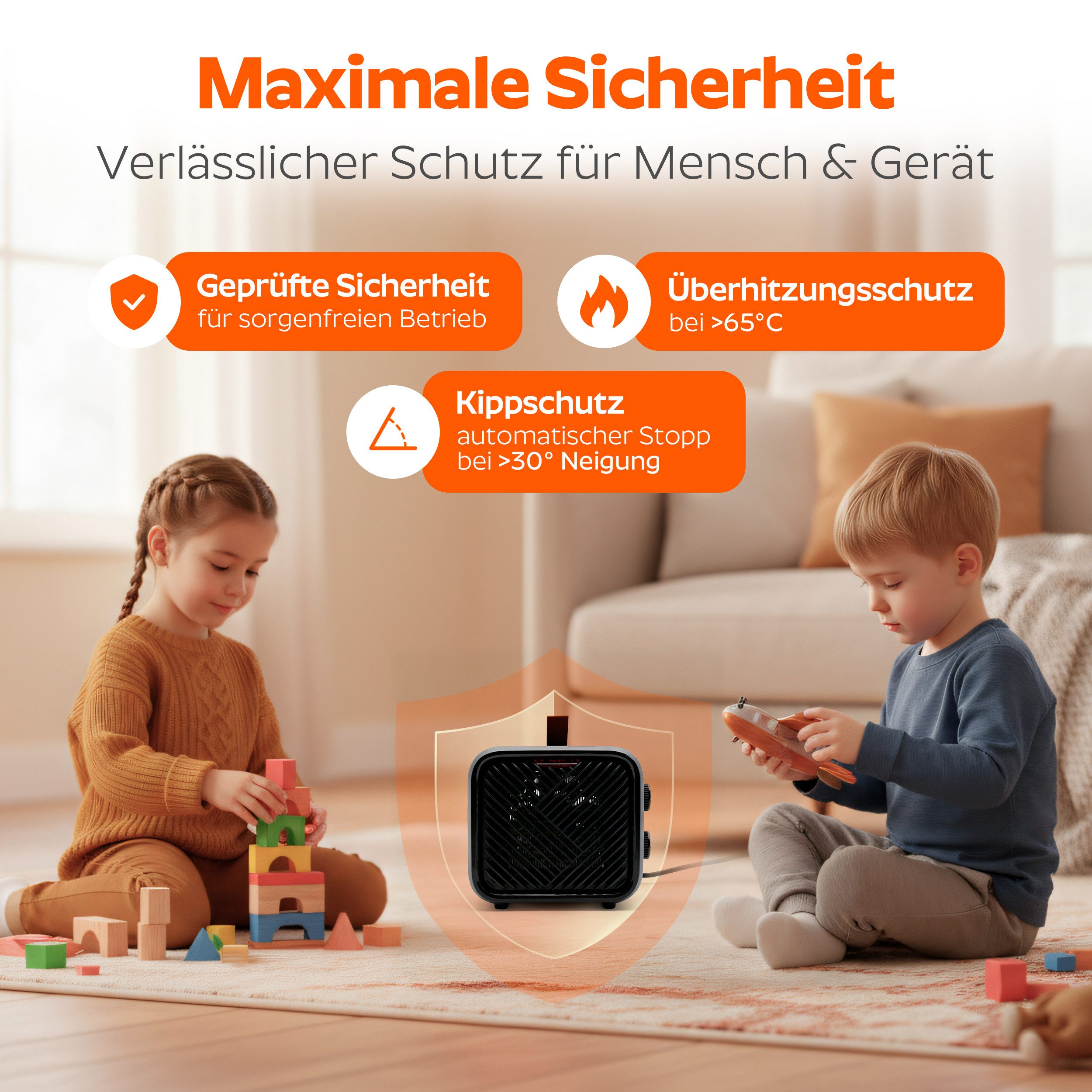 Onbest Keramikheizlüfter Elektrischer Heizwürfel, Elektroheizer, 1500W, 3 Heizstufen, Thermostat, bis 20m² – Bild 5 von 5
