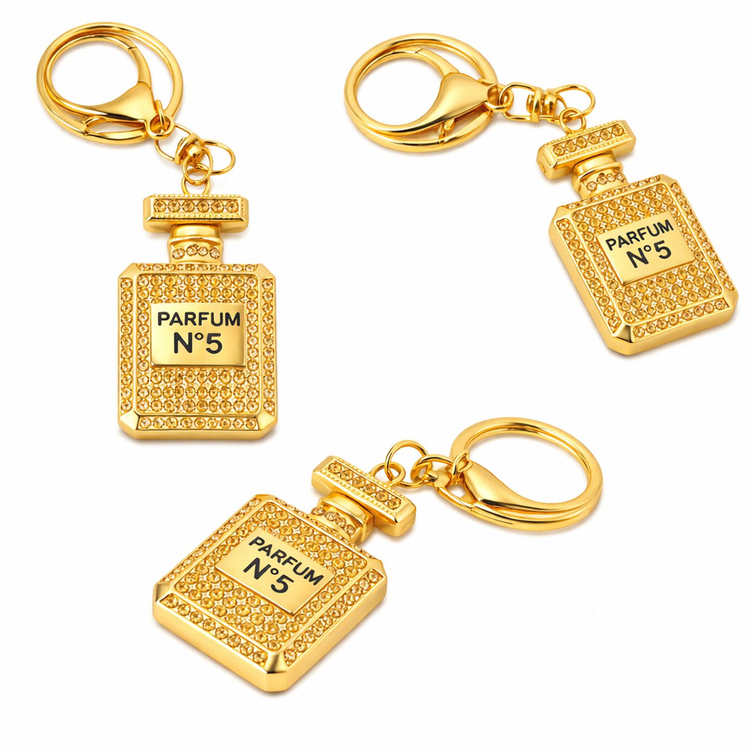 what the shop Schlüsselanhänger Taschenanhänger Parfum Look Gold mit Kristallen, ikonisches Parfum No 5 Flakon Design