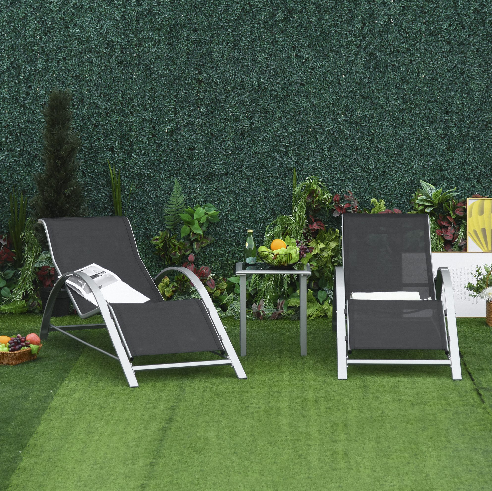 OKWISH Gartenliege 3‑tlg. in Schwarz aus Metall & Mesh mit 2 Sesseln & 1 Tisch, Packung, 3 St., Luftig-leichte 2‑Personen-Garnitur mit atmungsaktivem Mesh, 59x169x66 cm für Terrasse, Balkon & Poolbereich