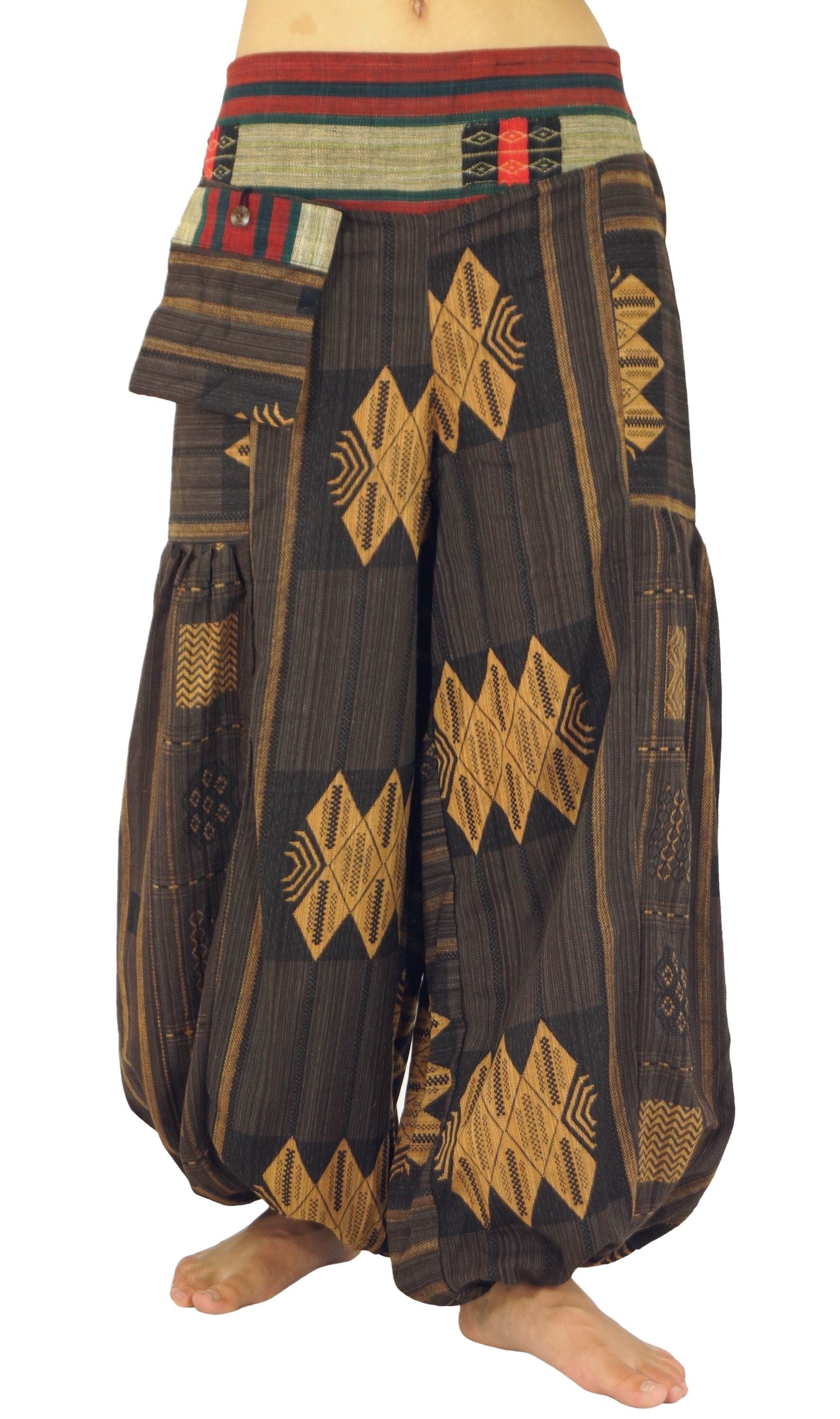Guru-Shop Relaxhose Weite Pluderhose mit breitem gewebtem Bund -.. Ethno Style, alternative Bekleidung braun/1