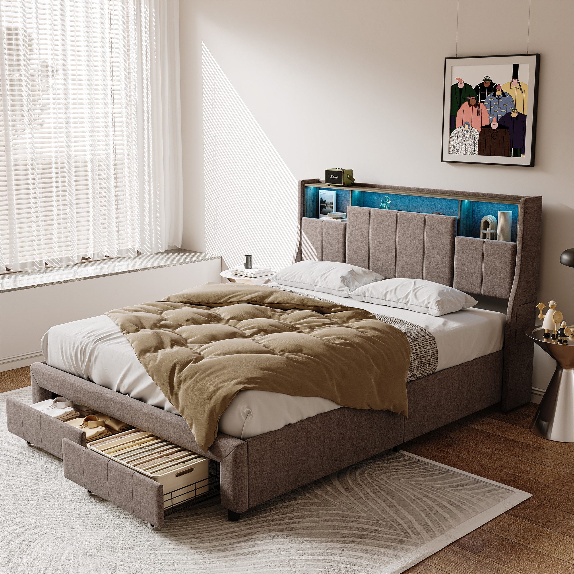 PXloue Polsterbett LED Doppelbett Stauraumbett, Ladefunktion, günstig online kaufen