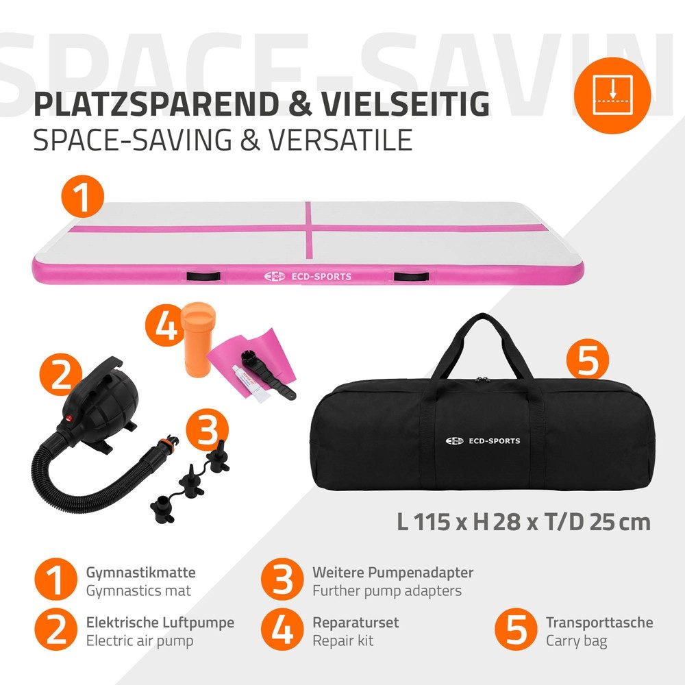 ECD Germany Sportmatte Aufblasbare Gymnastikmatte Airtrack Turnmatte Fitness Tumbling Matte, Pilatesmatte 3m Rosa H:10cm inkl. Tragetasche Luftpumpe & Flick-Set – Bild 5 von 5