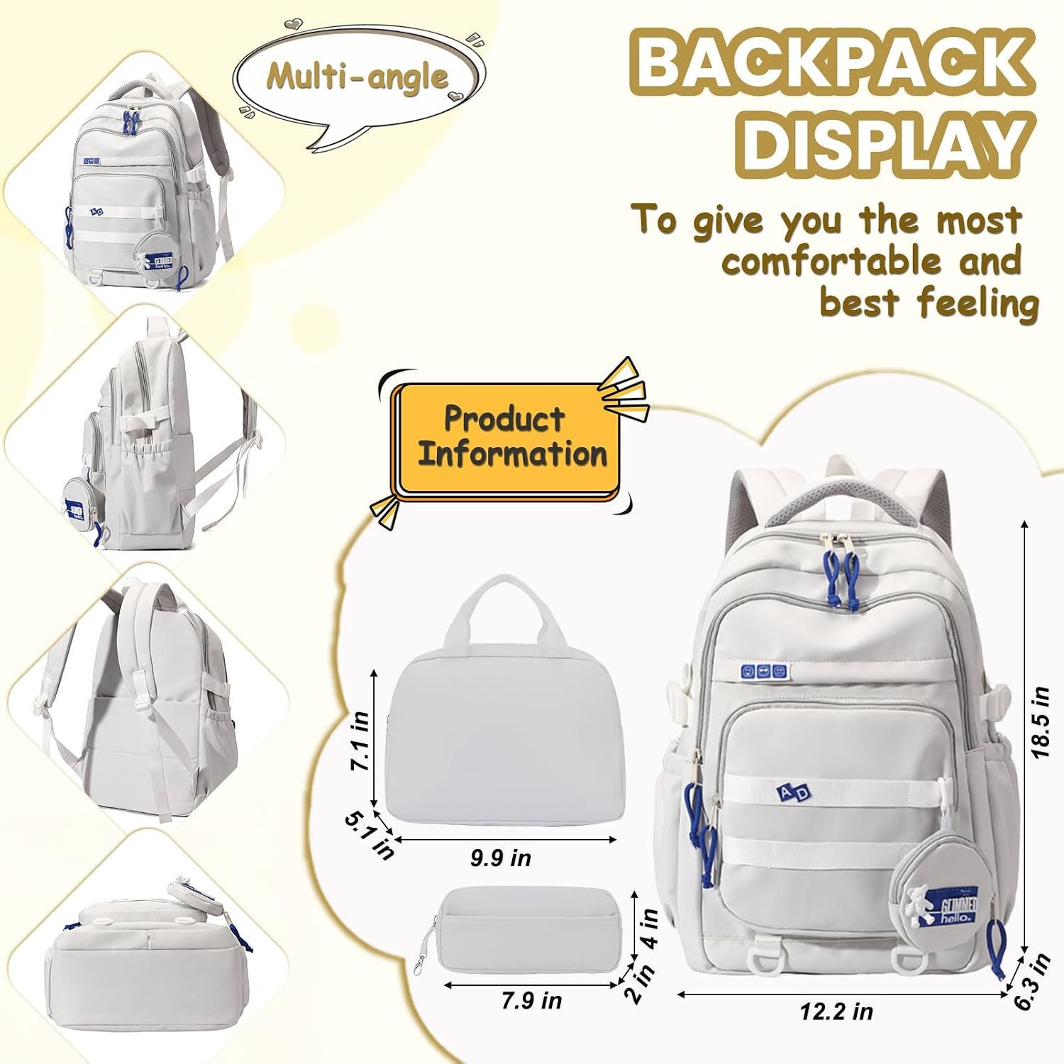 MOPUEA Schulrucksack Schulrucksack-Set Mädchen Teenager Wasserdichter Daypack (Leicht Wasserabweisend Großes Fassungsvermögen Ergonomisch, 3-tlg., Großem Hauptfach und Seitentaschen), mit Lunchbox und Federmäppchen für Schule Reisen und Alltag