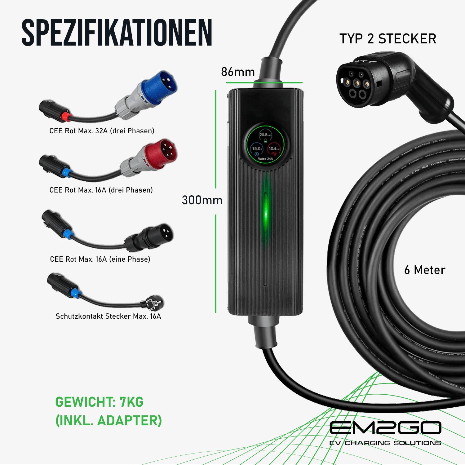EM2GO Mobiles EV Ladekabel 16kW Typ2 LCD 3 Phasen IP66 Elektroauto-Ladegerät