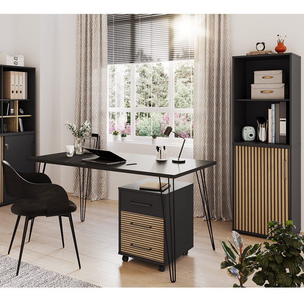 Lomadox Büromöbel-Set HUNTSVILLE-80, (Spar-Set, 3-tlg., Schreibtisch Rollcontainer Aktenschrank Regal), Büroeinrichtung Büroausstattung modern schwarz Akustikpaneel-Optik