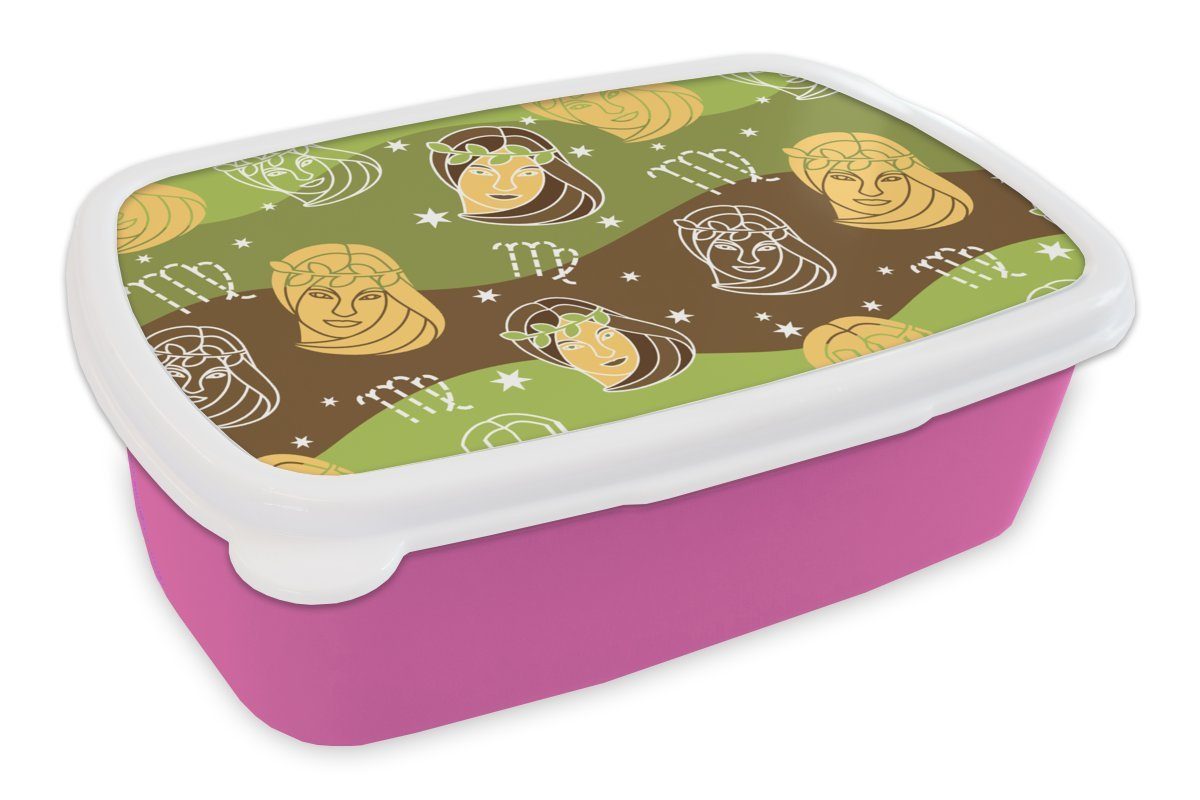 MuchoWow Lunchbox Jungfrau - Tierkreiszeichen - Muster, Kunststoff, (2-tlg), Brotbox für Erwachsene, Brotdose Kinder, Snackbox, Mädchen, Kunststoff rosa