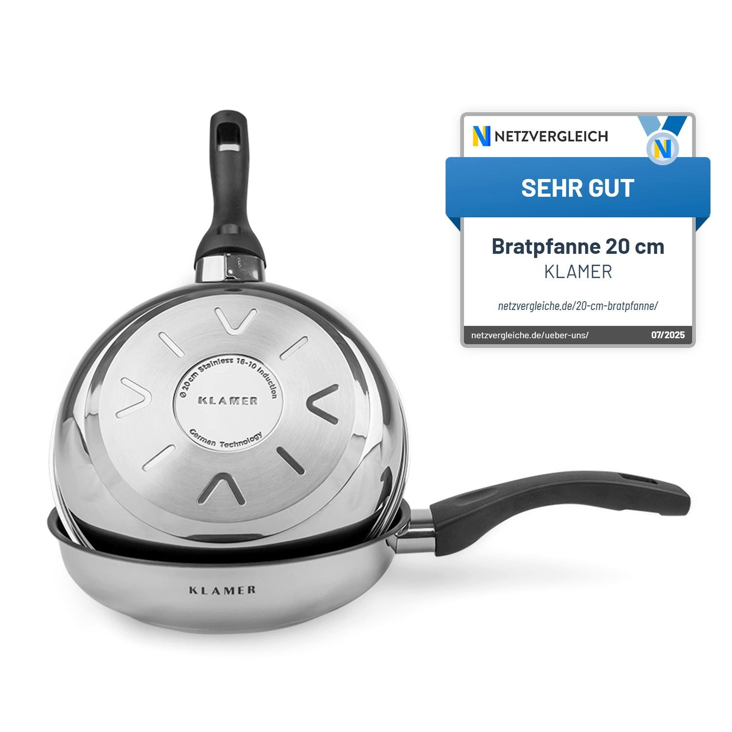 KLAMER Bratpfanne 20cm, antihaftbeschichtete Induktions-Pfanne, Premium Beschichtung, h…, Edelstahl, Spülmaschinenfest, für alle Herdarten