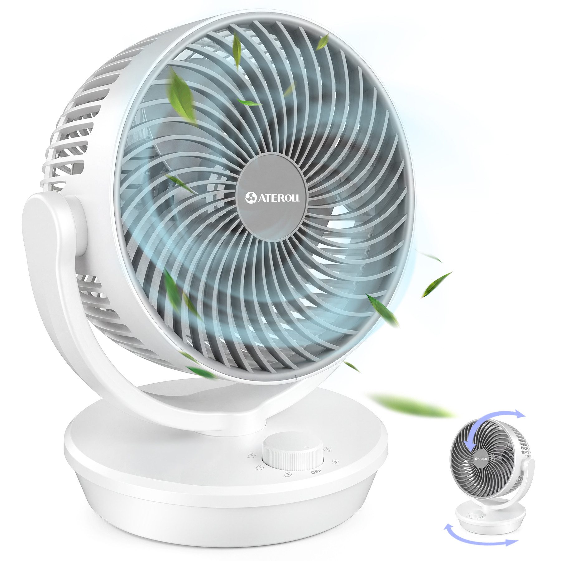 ATEROLL Tischventilator leiser Ventilator,100° Oszillation & 130° manuelle Neigungsverstellung, Umluftventilator für Schlafzimmer Wohnzimmer Büro Küchen