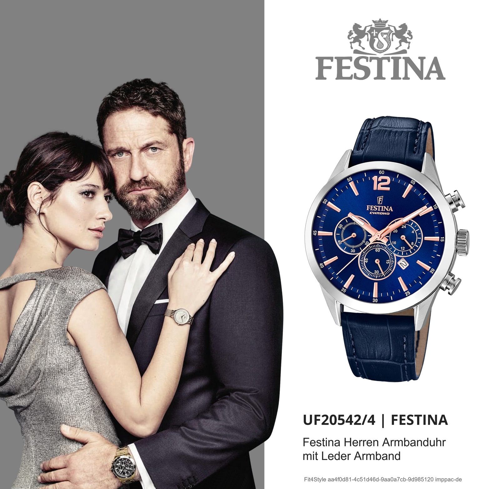 Festina Herren groß Leder 44mm), Fashion-S Herrenuhr Chronograph Gehäuse, (ca. Festina rundes Lederarmband, Uhr F20542/4, mit