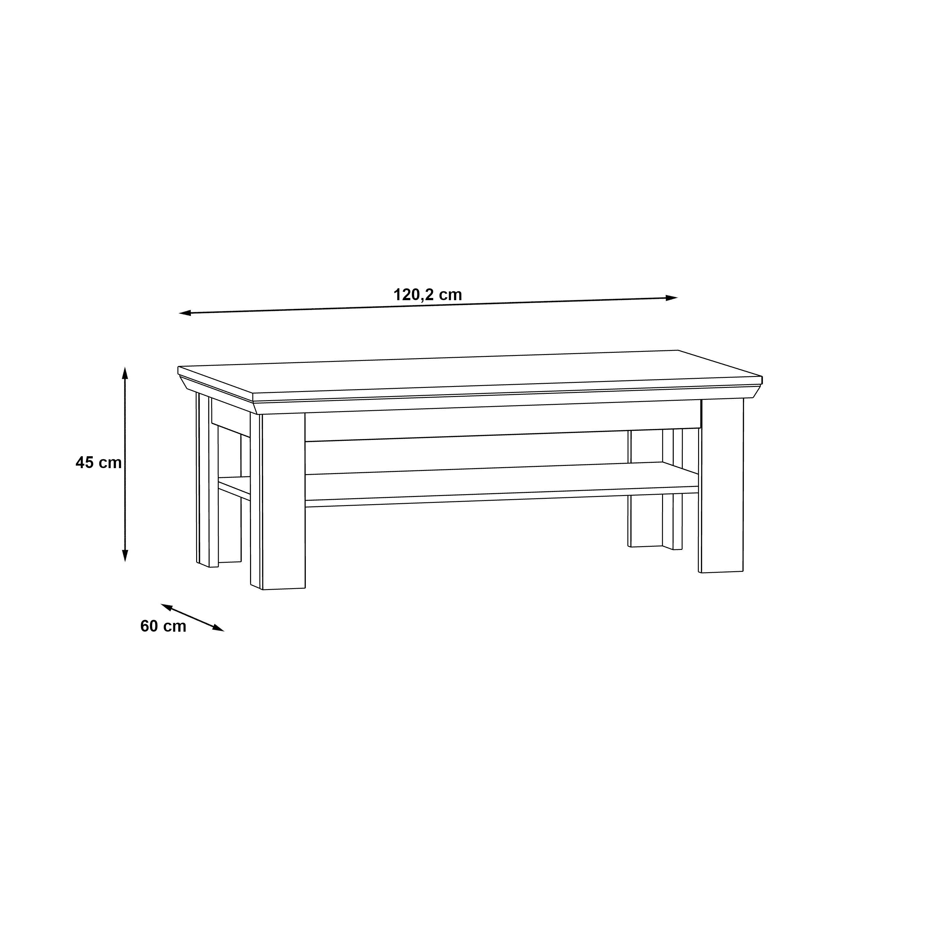 möbelando Couchtisch Couchtisch "Kalamaria in Couchtisch Schneeeiche 120,2 aus 60 Höhe mit Landhausstil modernen cm, 1 im cm cm, Breite Spanplatte I", 45 Nachbildung Tiefe Ablageboden