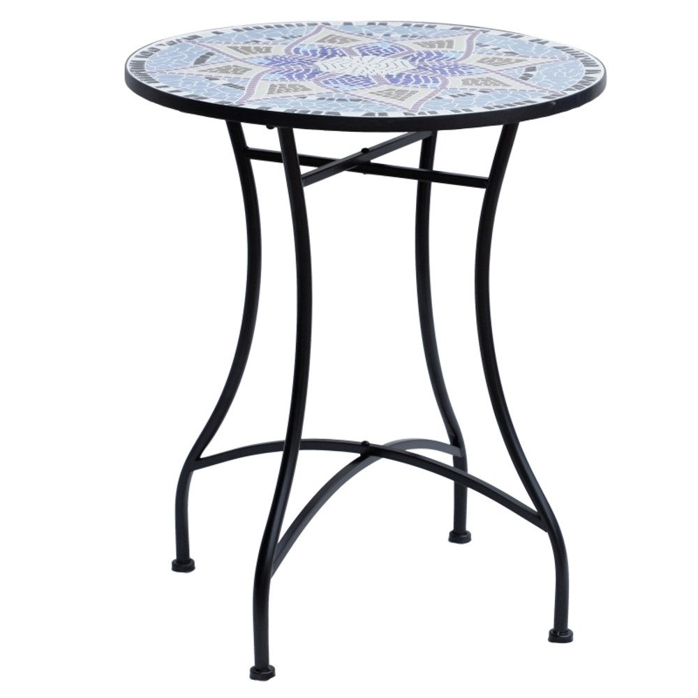 OKWISH Gartentisch Ø60x71 cm aus Keramik wetterfest in Blau/Weiß aus Metall (Packung, 1-St., Wetterfester Esstisch für Outdoor & Camping), Runder Beistelltisch für Terrasse, Balkon & Garten