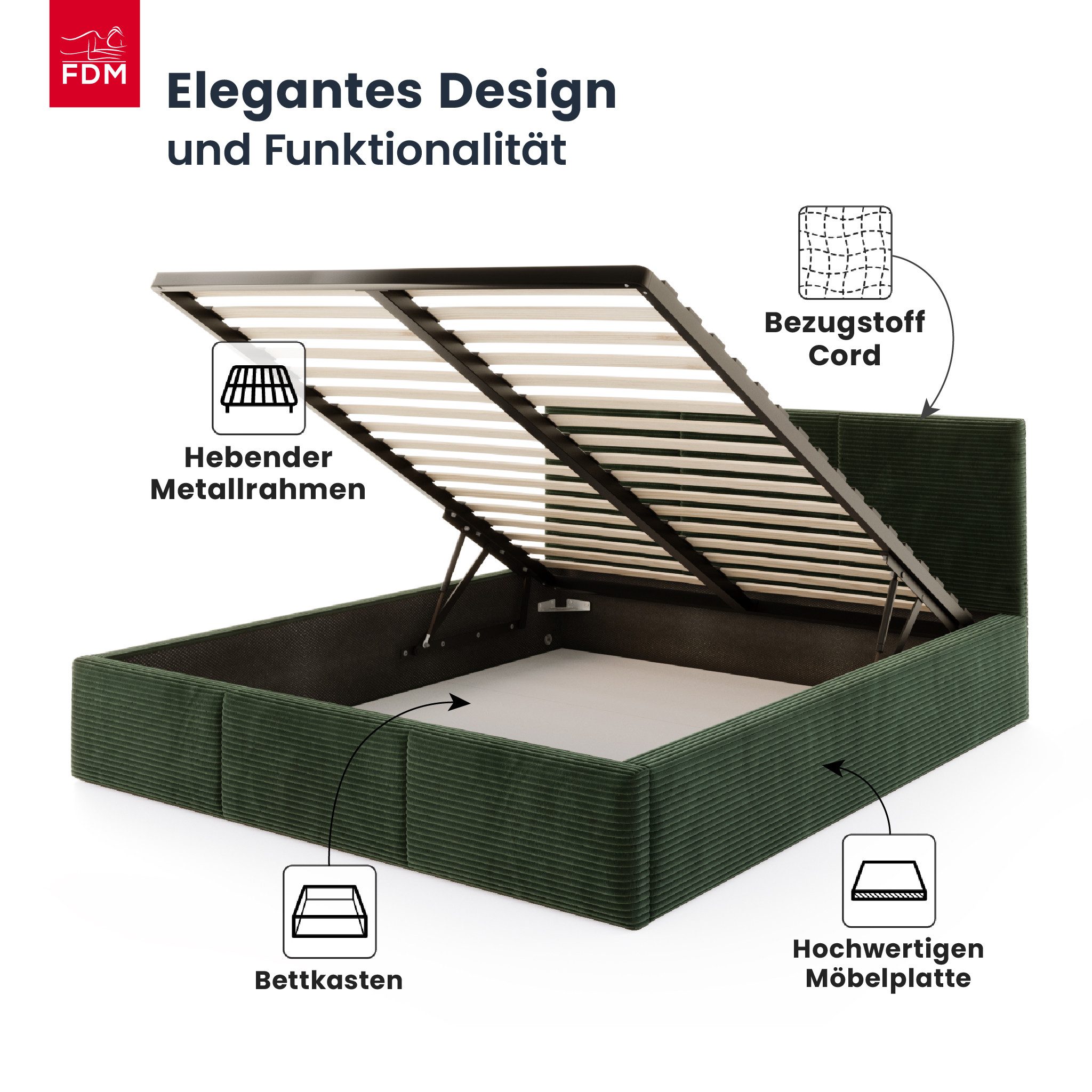 FDM Polsterbett AMBER modern mit Bettkasten MADE IN EU - mit Cord Bezug (verfügbar 90x200 120x200 140x200 160x200 180x200cm, Bettrahmen, Bett, mit großen gepolsterten Kopfteil, mit Bettkasten zum aufklappen), Hebbarer Metallrahmen, Bettkasten, mit/ohne Matratze