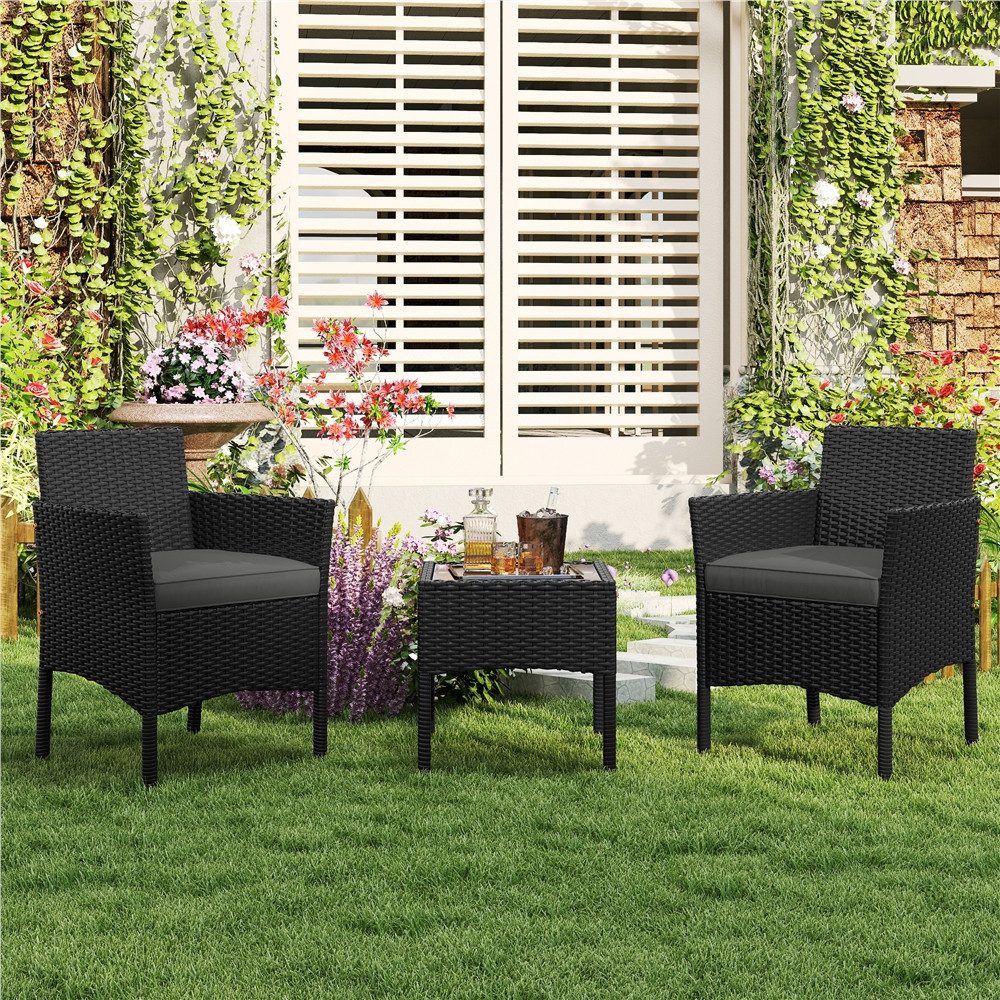 Yaheetech Balkonset Gartenmöbel-Set 3-Teilig in Rattanoptik für 2 Personen, Gartengarnitur inkl. 2 Stühle mit Kissen & Tisch mit Hartglasplatte