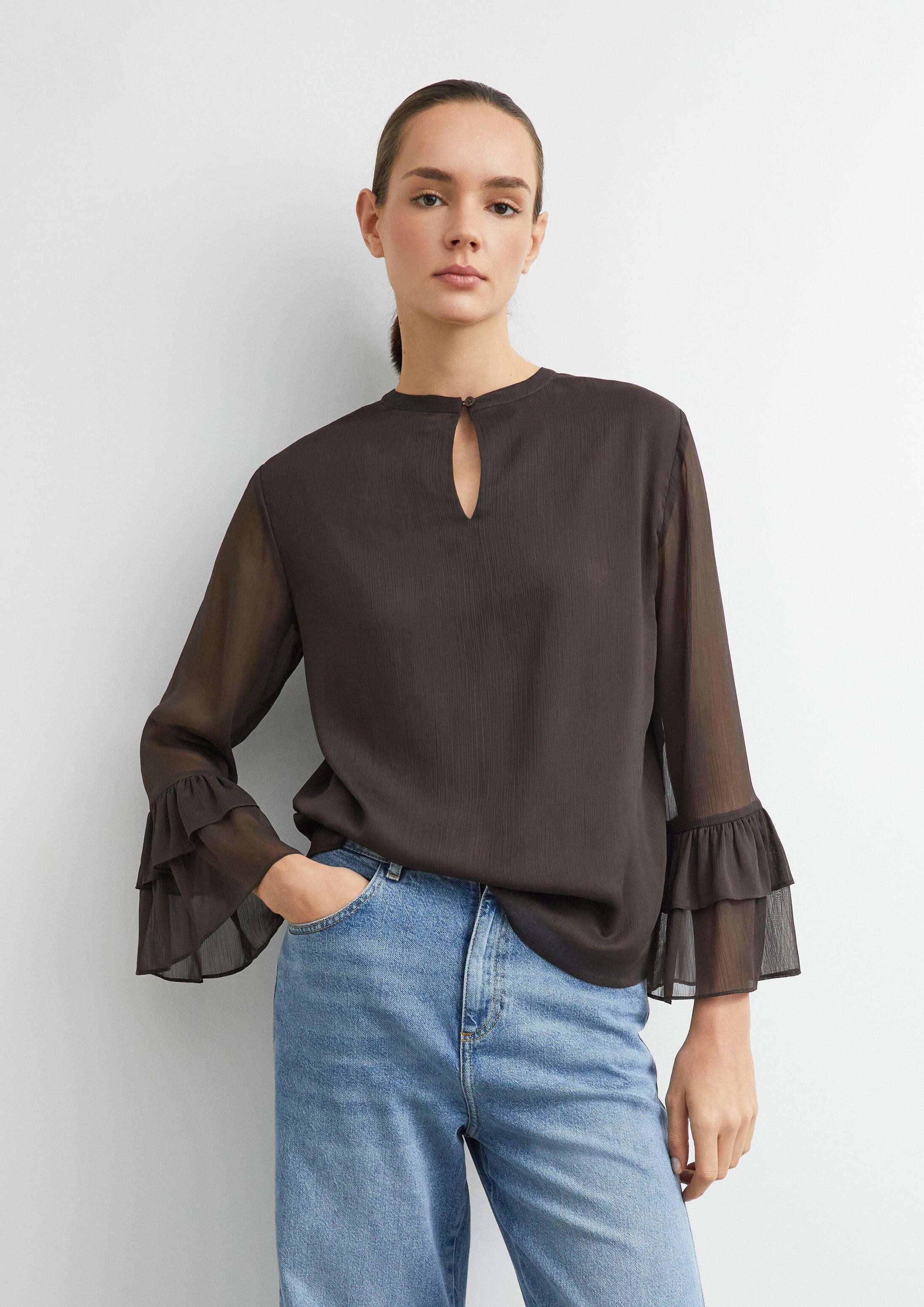 comma Langarmbluse Bluse Strukturierte Chiffon-Bluse mit Volant-Ärmeln
