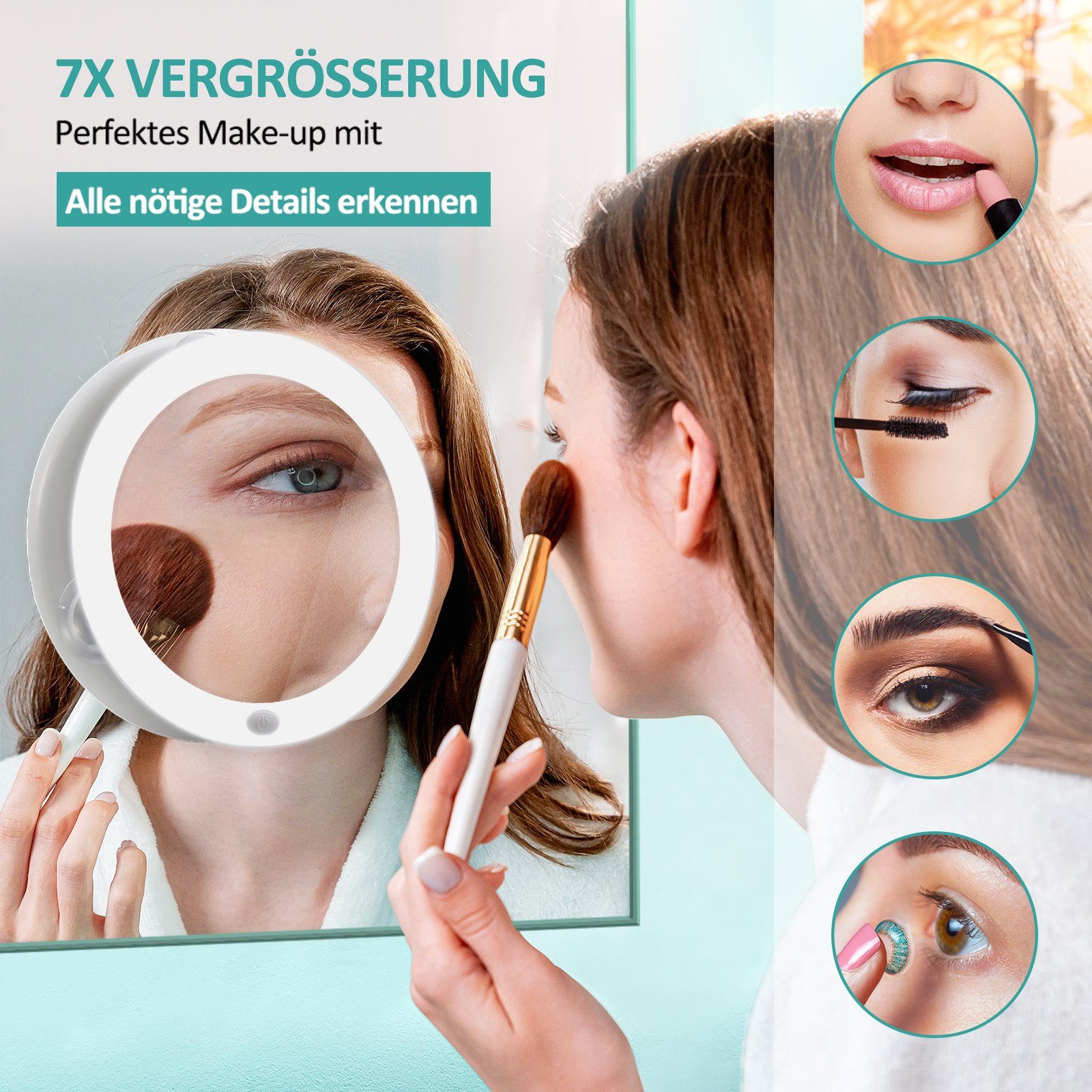 EMKE Schminkspiegel LED Kosmetikspiegel mit Saugnapf 7X Vergrößerung mit Licht, Make up Schmink Spiegel Tragbarer Wandspiegel Batteriebetrieben, Weiß